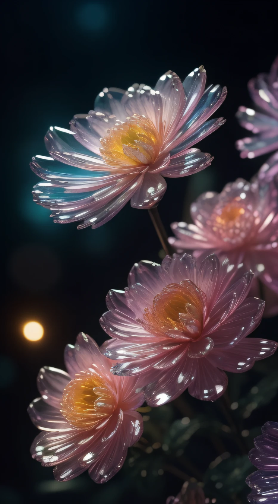 crystals fantasy,chrysanthemums,full-color,toes up,Countless crystal feathers fluttered in the air,
fanciful, galactic, cleanness, shallowdepthoffield, Jade bokeh, glittery, glittery, Amazing, colorful,
magical photography,Dramatic lighting,Foto realism,hyper-detailing,4K,degrees of freedom,A high resolution