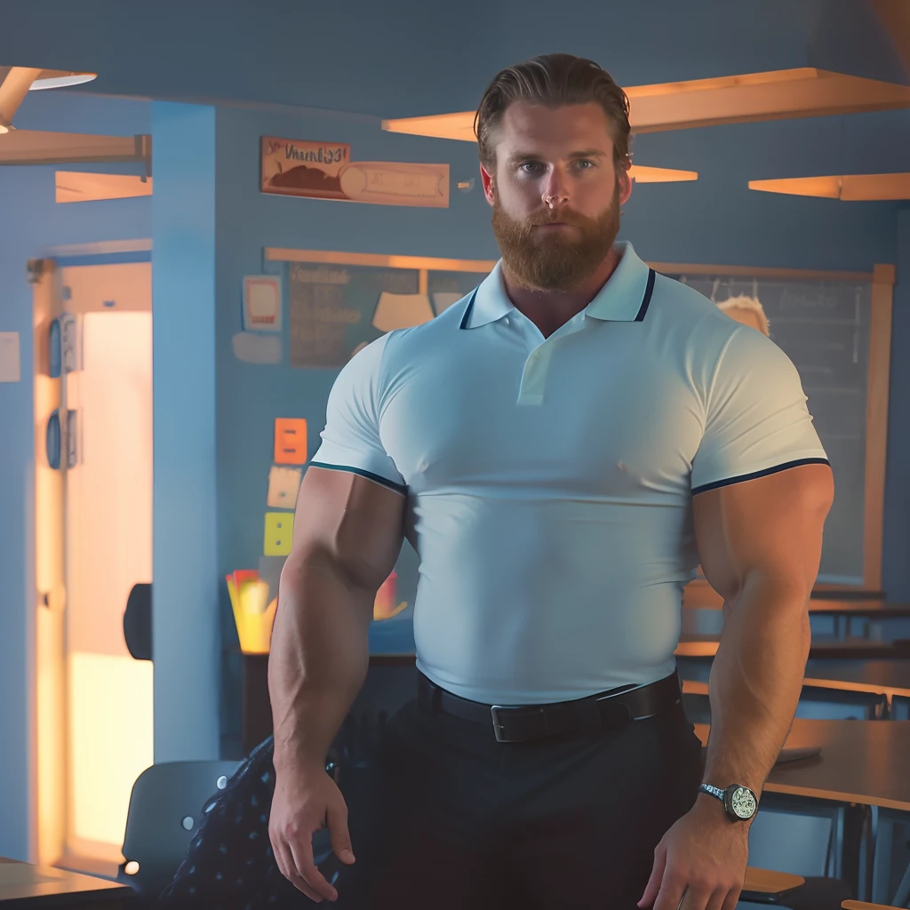 Tall chubby ginger steampunk man, tight spandex shirt, big ball belly, big soft man boob like chest. Admired by a gay male customer in their workshop. Long bright ginger hair and hairy body