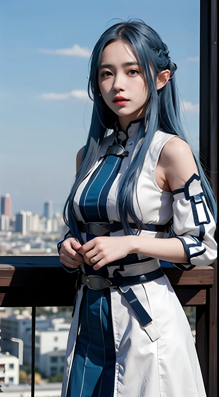 original outfit, 1girl, long hair, solo, detached sleeves, cityscape,Sky blue hair,best quality