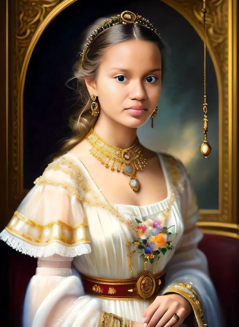 uma pintura de uma mulher em um vestido branco com um colar de ouro, Pintura do retrato de uma princesa, retrato da princesa, Retrato da princesa, Retrato de uma princesa, retrato realista do renascimento, princesa feminina bonita, retrato muito bonito, pintura de personagem bonita, oil painting of princess vulvine, inspirado em Sophie Gengembre Anderson, Retrato de uma jovem imperatriz, oil painting beautiful portrait