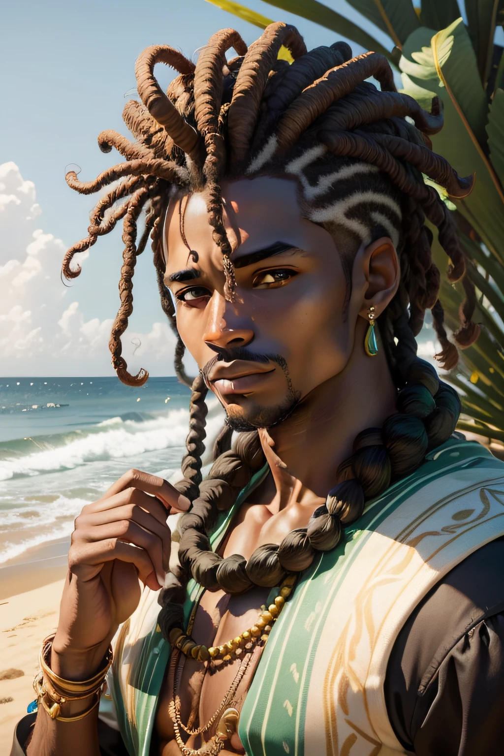 Paint a realistic picture of the entire body of an enigmatic African man by the sea. Ele tem 50 anos, pele esverdeada 1.80 metros de altura, com um tom, corpo atletico. Seu cabelo, both on the head and on the face, it is intertwined with marine vegetation,From quite enfanse to the details in the hair and in his impressive green eyes seem to guard the mysteries of the sea. Ele esta segurando um cajado com uma mao e um fogo verde na outra e tem caranguejo subindo pelo seu corpo, "
