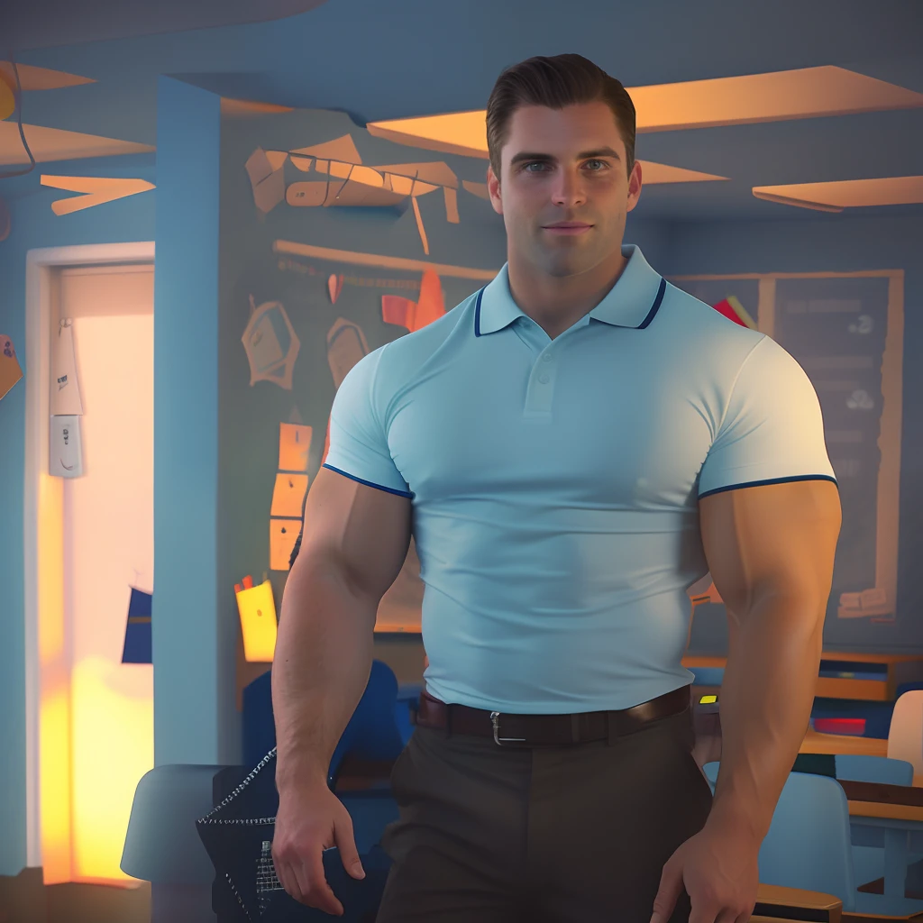 Long dark hair , dad , white polo shirt , teacher , classroom