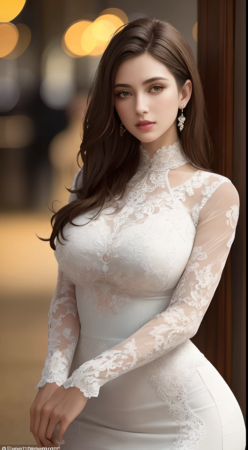 (Masterpiece:1.2, Best quality), Realistic, (Real picture, Intricate details, Depth of field), parted lip, High neck lace skirt,highly detailed, Perfect face, Perfect body, Large models,
Mature woman, Tall, Long legs,
Natural background bokeh