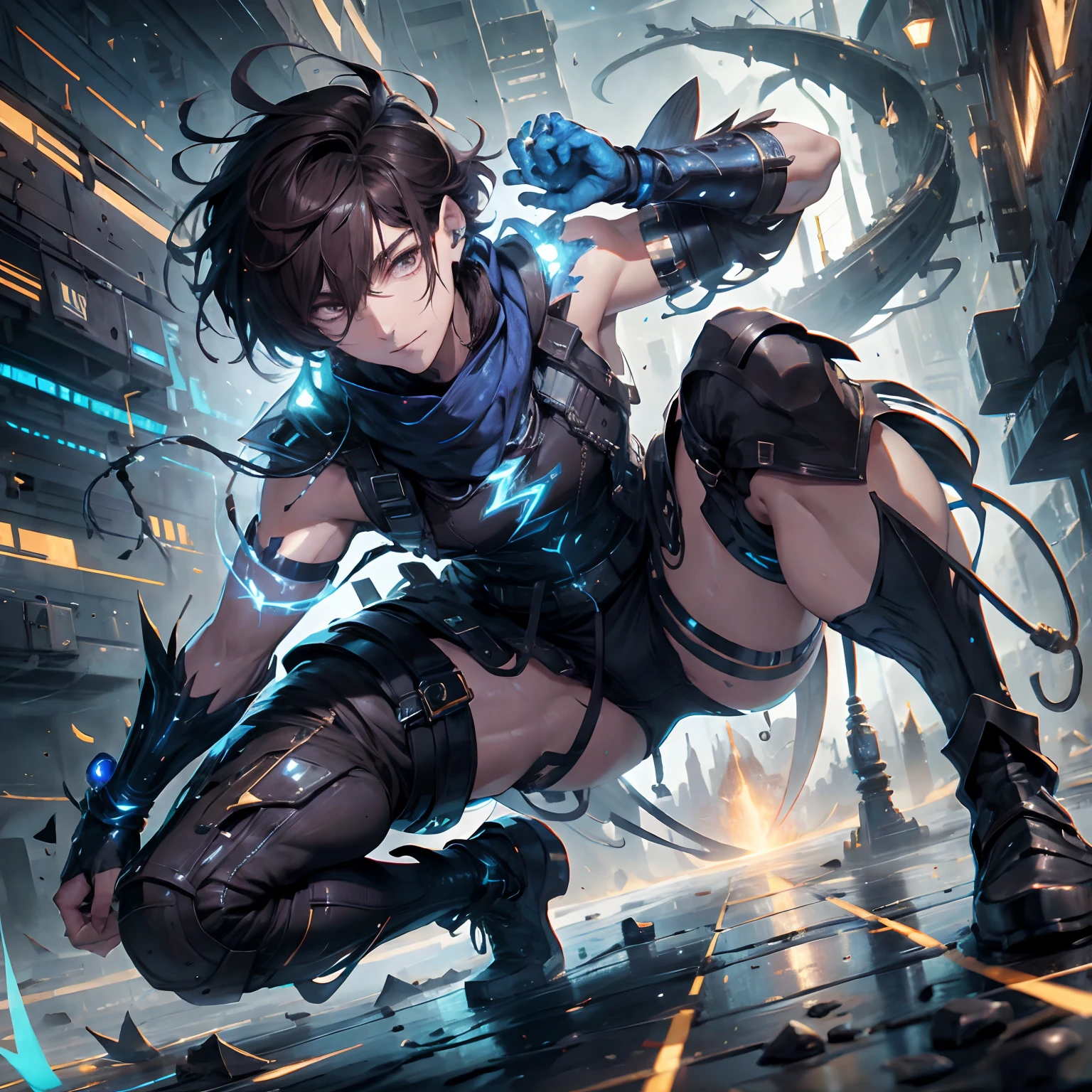 (absurdres, highres, ultra detailed), masterpiece, best quality, real light and shadow, solo, full body,a boy with dark brown hair, sleeveless outfits, handsome, buff, finely eye, detailed face, detailed eye, scarf, blue clothes, white clothes, gray clothes, arm braces, futuristic technology, from below, look down, futuristic earpiece,futuristic city, swirl, spark, lightning ground, superhero landing shot, BREAK, dark brown eyes