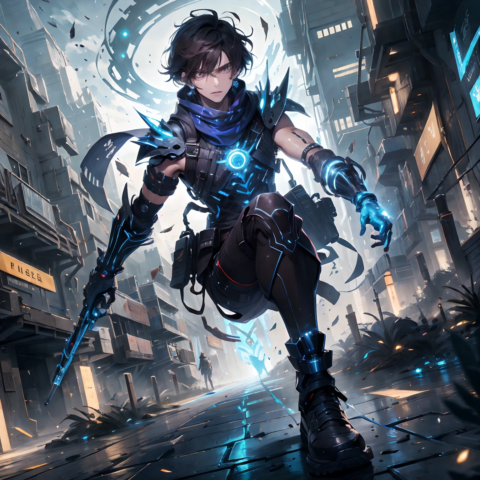 (absurdres, highres, ultra detailed), masterpiece, best quality, real light and shadow, solo, full body,a boy with dark brown hair, sleeveless outfits, handsome, buff, finely eye, detailed face, detailed eye, scarf, blue clothes, white clothes, gray clothes, arm braces, futuristic technology, from below, look down, futuristic earpiece,futuristic city, swirl, spark, lightning ground, superhero landing shot, BREAK, dark brown eyes