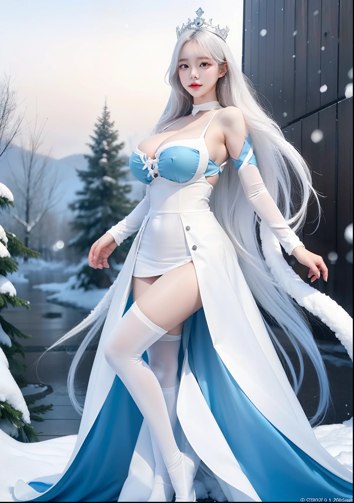 ((Top Quality)), ((Best Retail)), (High level of detail: 1.3), (8k, RAW photos, top quality, masterpiece: 1.2), (realistic, photorealistic: 1.37), (Ultra realistic), (High Details), (Face detail), (Shadow Detail), ((huge breasts: 1.9)), 1 korea girl, (20yo), white hair, long hair, white eye lens, white crown, white shirt, background snow, snow