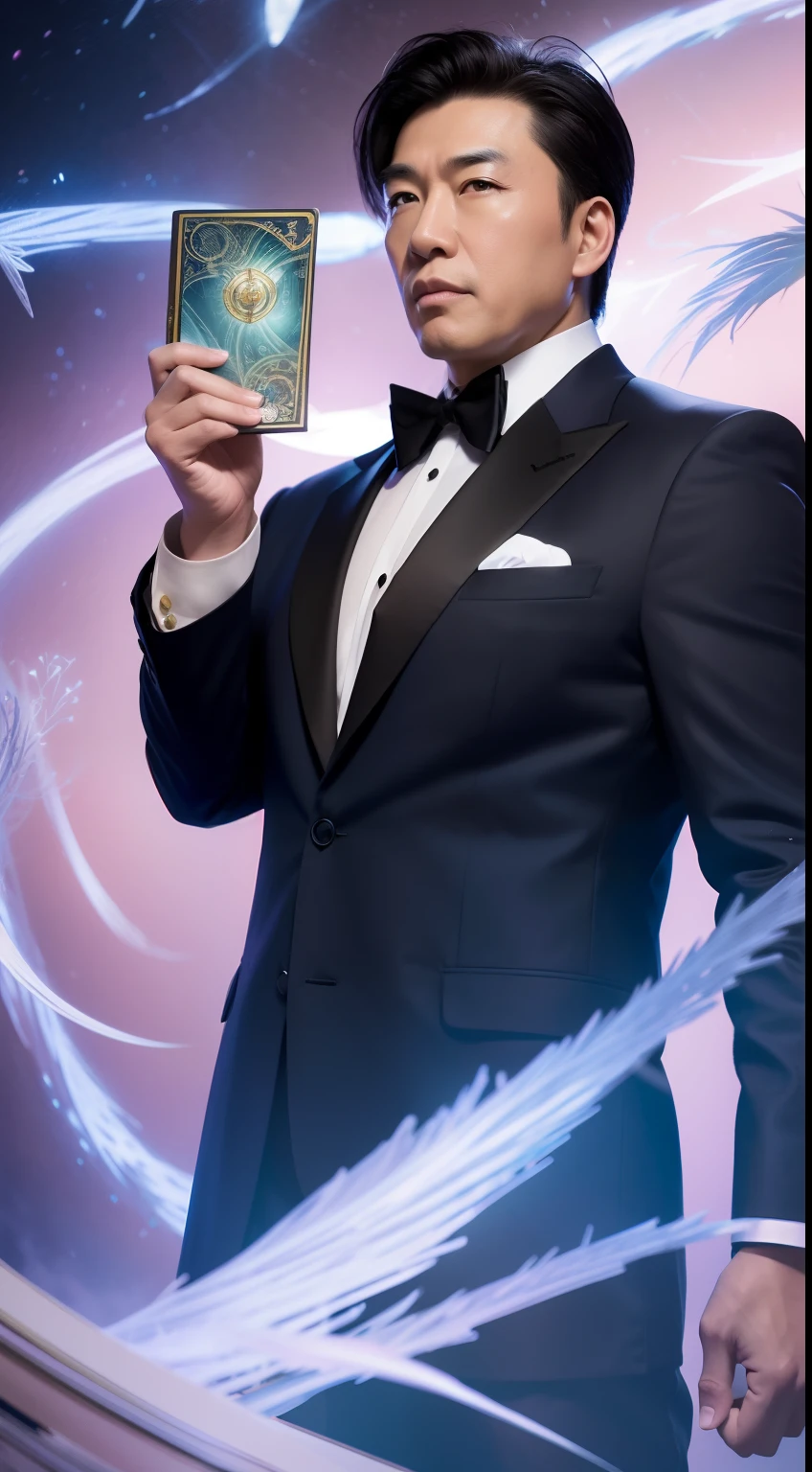 A detailed painting depicting a handsome, mature Asian man in a suit surrounded by a flurry of glowing Magic The Gathering cards and the book Dungeons and Dragons in the center.