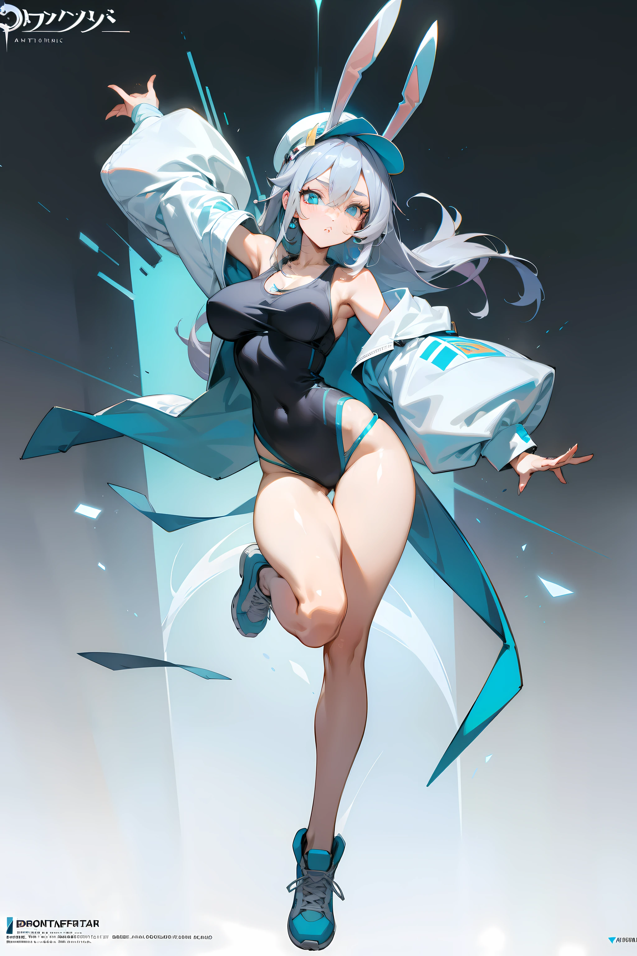 master-piece, anime female character with grey hair wearing a hat with bunny ears, bountiful breasts, exposed big bountiful breasts , jacket, sticking out pose, with a dynamic pose ((full body)) , white and blue and cyan,, trending on artstation pixiv, 2 d anime style, anime character art, detailed anime character art, hyper detailed, no ugly hands, pretty face, long hair , detailed hands , detailed face , wearing underwear and a tank top , detailed shoes , detailed eyes.