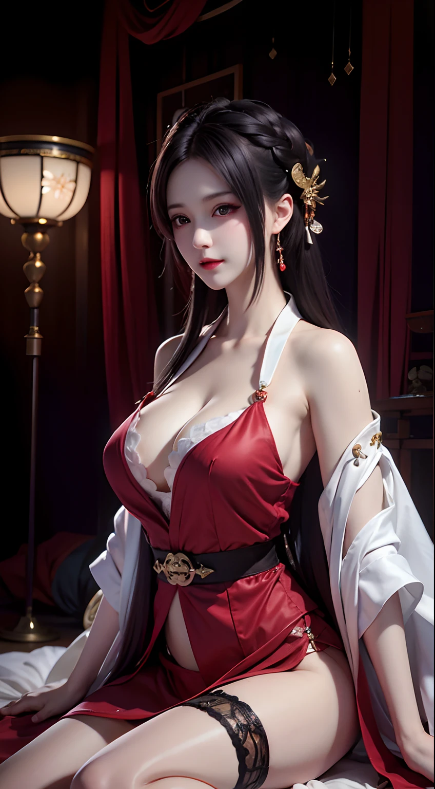 Sexy asian woman sitting on bed in red lingerie，Red curtains, full-body xianxia, Inspired by Lan Ying, trending at cgstation, alluring tipha lockhart portrait, a beautiful fantasy empress, trending on cgstation, Palace ， A girl in Hanfu, with acient chinese clothes, bian lian, inspired by Ju Lian, inspired by Gu An, Japanese goddess