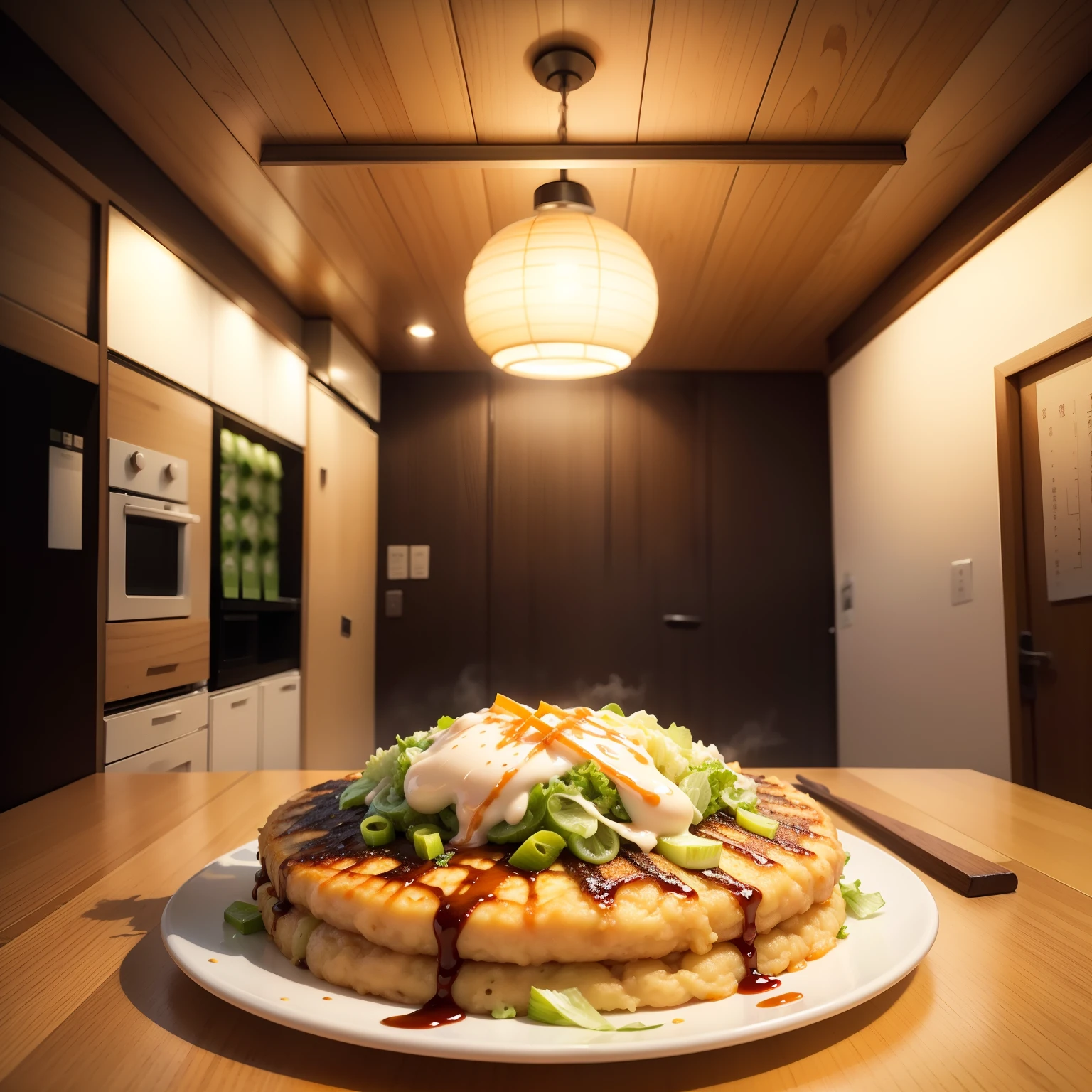 「Generate realistic looking and appetizing okonomiyaki images。In the center, thick dough is spread abundantly.、Ingredients such as cabbage and green onions are thoroughly mixed.。On top of the dough、The sauce for coloring the okonomiyaki is dripping、Next to it is a little squeezed mayonnaise。There are bright tables and plates around.、Create an appetizing atmosphere。」