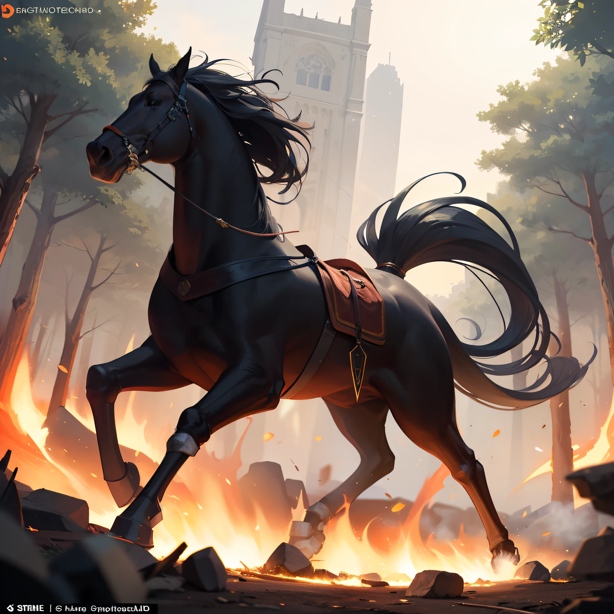 (Fire Horse: 1.5), known for its incredible strength and speed, It is considered a defender of goodness and justice. Legends tell of his exploits, able to save people from raging forest fires and drive away evil spellcasters, 2D game design,