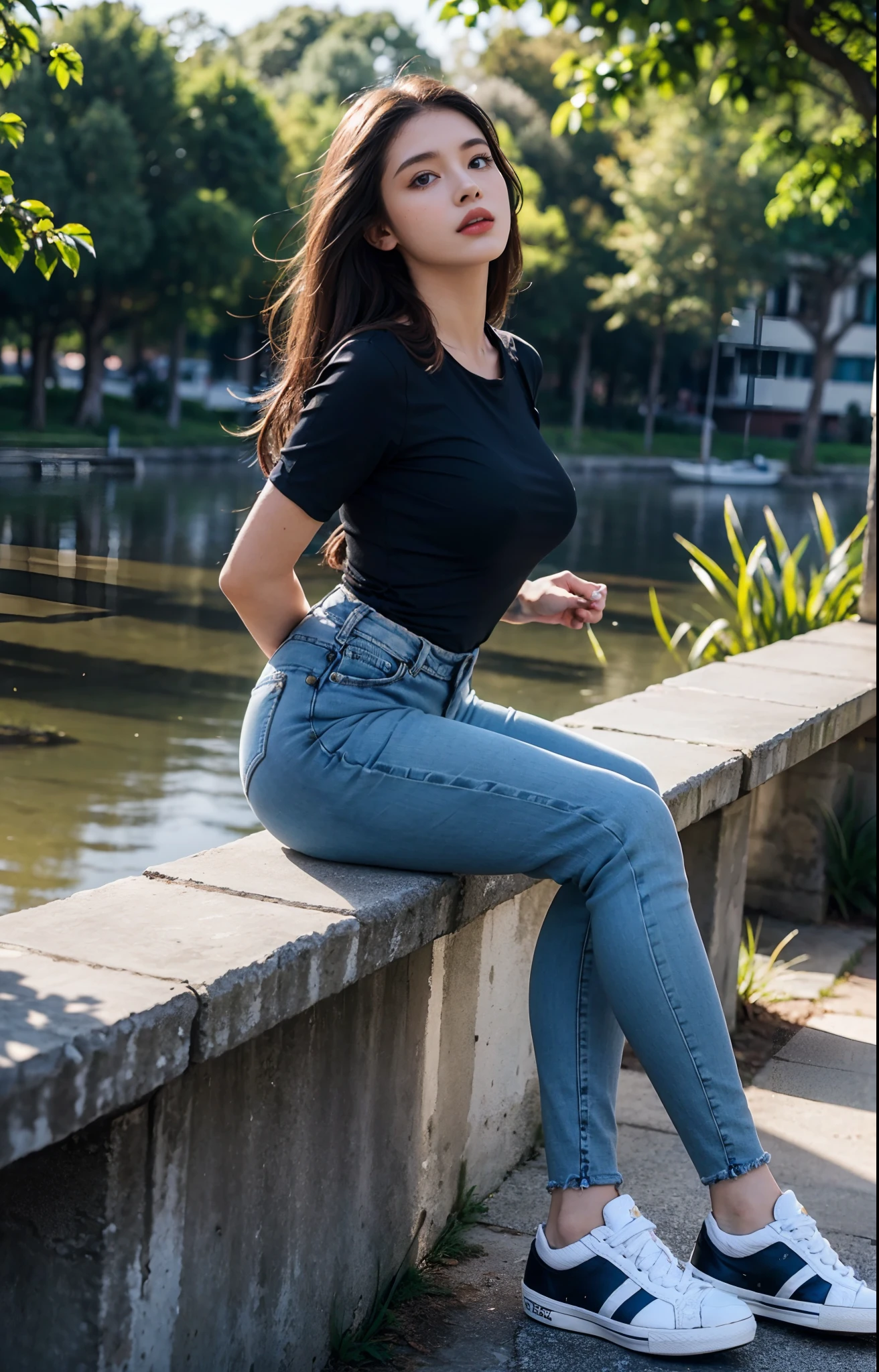 masterpiece, extremery magnificent view, perspective, extremery best quality, extremery detailed CG, 8k wallpaper, high resolution, highly detailed face, highly detailed eyes, perfect anatomy, super detailed skin,
(dynamic angle, dynamic pose:1.2), outdoors, park, tree and pond, (portrait, legs focus, full body), (beautiful face, beautiful eyes, beautiful legs:1.3),
1 girl, solo, (black blouse, skinny jeans:1.3), short sleeves, medium breasts, brown hair, long hair, floating hair, straight hair, open forehead, (grey sneakers:1.3), blue eyes, (blue jeans:1.3), skinny, slender, wide hips, thin waist