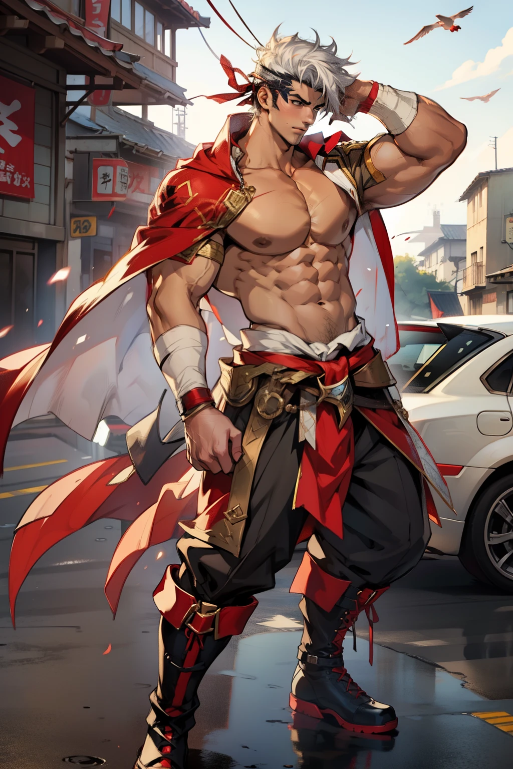 Highest image quality,male people,,1 boy,Young and handsome,shoun,White color hair,Short flat top hair,Dark skin,anime big breast,anime wallpaper,Solo,malefocus,Briefs,Dilation of the pectoral muscles,Red cape,Bulging crotch,Urban background,Sexy,(Masterpiece, Best quality),Long white socks,Red Martin boots,