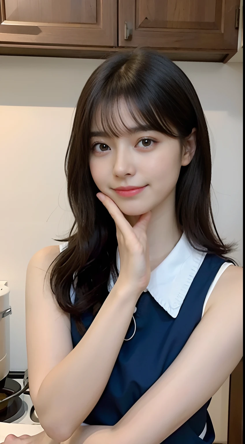 Una mujer que cocina、(Kitchin_Delantales:1.Desgaste 3)、Mano bonita、4k、A high resolution、tmasterpiece、highest qualityr、Gorro de desgaste:1.3、((Hasselblad photography))、piel fina、foco nítido、(lighting like a movie)、Soft lighting、Ungle dinámico、[:(Cara detallada:1.2):0.2]、pecho grande、mucho sudor que se derrama por la piel:1.2、(((en la cocina))) linda sonrisa　Perspectiva del espectador　Tetas colosales　Atarse el cabello　sin mangas　Estira la parte superior de los brazos　Hombros extendidos　limpieza　cocina grande　Hermosa cocina　copas de vino　Vista posterior　behind　Espaldas　Levanta y ata tu cabello