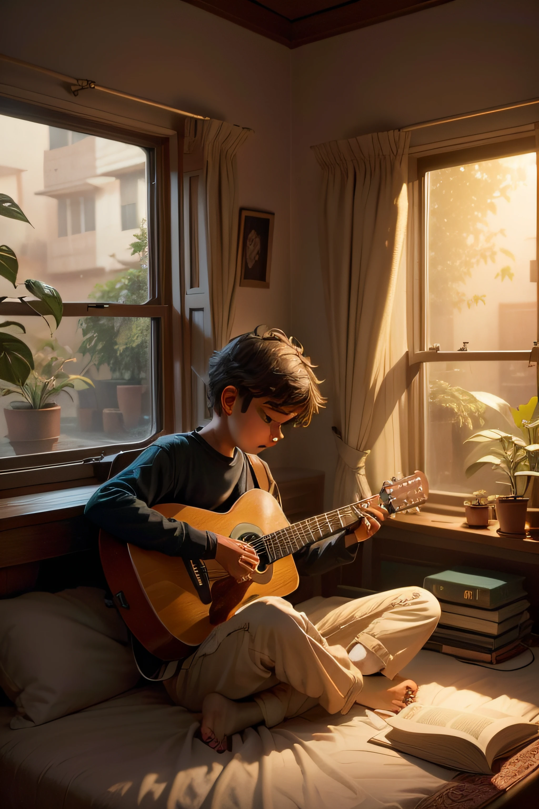 digital art style lo-fi boy playing guitar on bed, Indian themed room window, plant, book, night, sad vibe, warm light in room cozy feel 1920x1080 pix high detailed art.