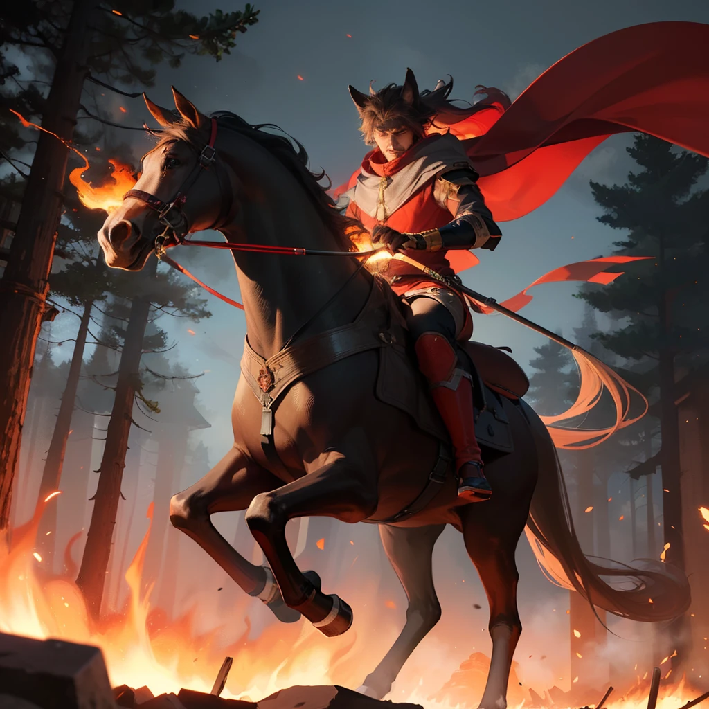 (Fire Horse: 1.5), known for its incredible strength and speed, It is considered a defender of goodness and justice. Legends tell of his exploits, able to save people from raging forest fires and drive away evil spellcasters, 2D game design,