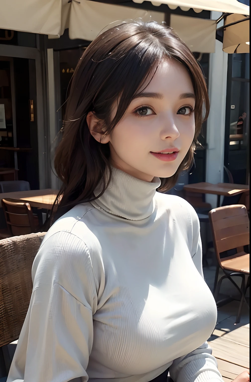 ((A mature woman sits in front of a café)),((turtleneck shirts:1.3)). 40k, Photography, Masterpiece, Best quality, dark grey background, ((Mature women, Wife, Mom, A MILF)), ((A plump chest)), Perfect face, perfect boobs, ((Breast-huge)), ((1 girl with brown eyes and gorgeous light black hair)). a Pretty Japanese woman,full soft breasts and white skin, ((very soft breasts)). Ultra-detailed face, Detailed eyes, Embarrassed, Smile, Summer, Daytime, (((Slave collar))), Half body, dated
