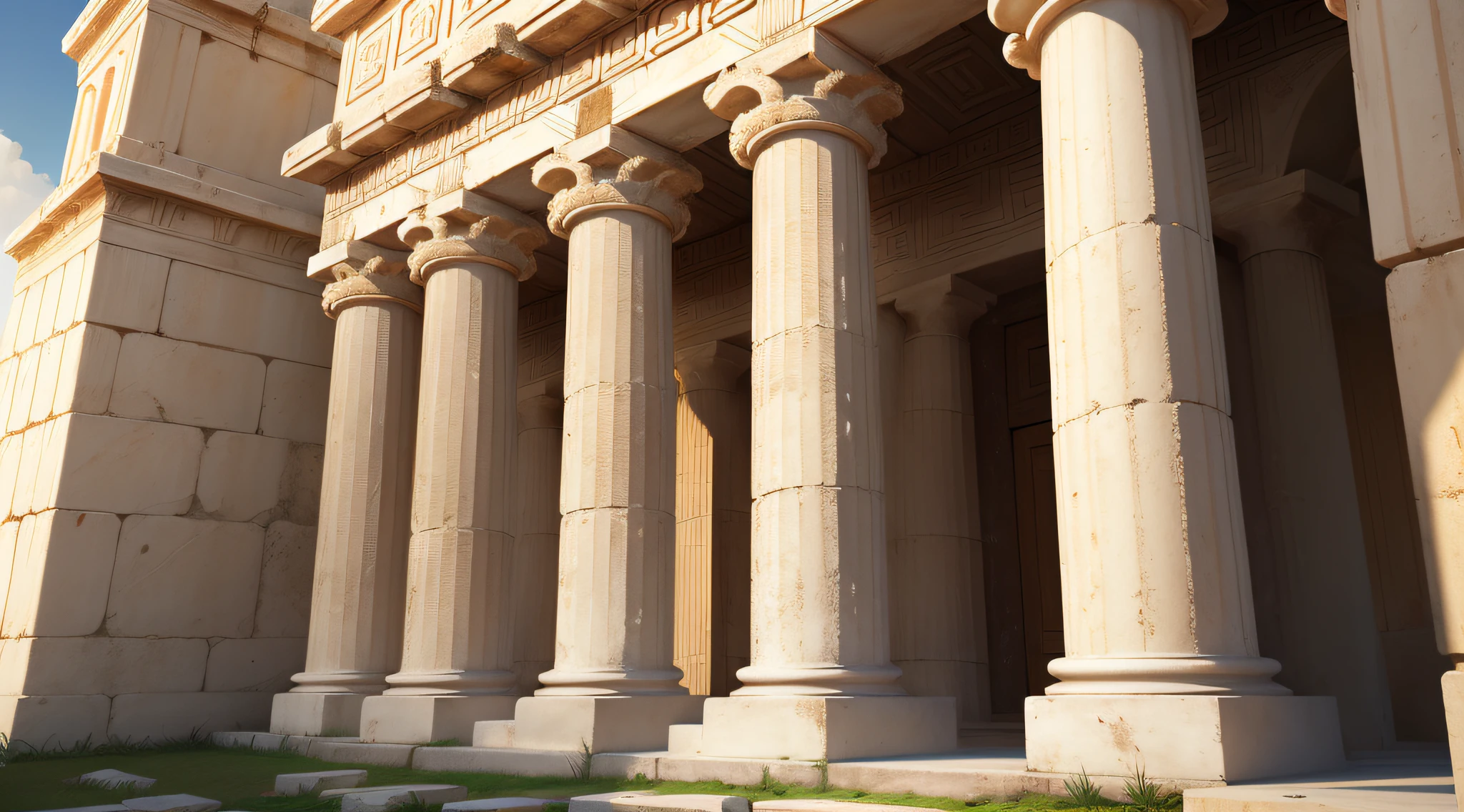 (melhor qualidade) Realistic wall of a classical Greek temple, textura detalhada, luz suave, sombras sutis, cores naturais, perspectiva ampla