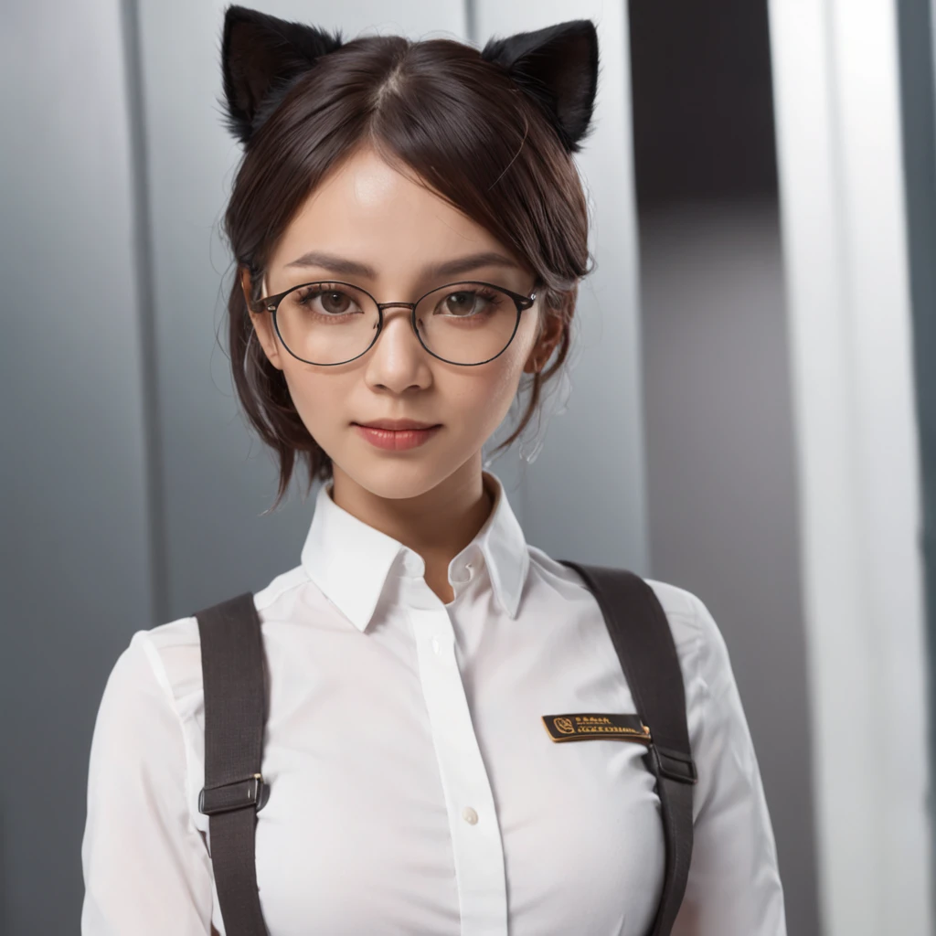 1girl, short black bob hair, yellow eyes, Round glasses, tan skin,dark skin ,BROWN SKIN, SHE HAS LIGHT BROWN SKIN, petite body, wearing plain white formal work shirt, wearing long black pants, business tie, absurdres, high res, ultrasharp, 8k, masterpiece, looking at viewer, cat ears, airline pilot uniform, airline pilot hat, white background, short sleeve, bangs, flat chest, whiskers, androgynous, she has cat ears on her head, she has cat teeth, cloudy background, holding pet black cat, smiling, large round glasses, no airplanes, airplane cabin background, wearing a choker on neck, leash around the neck, smile, necklace