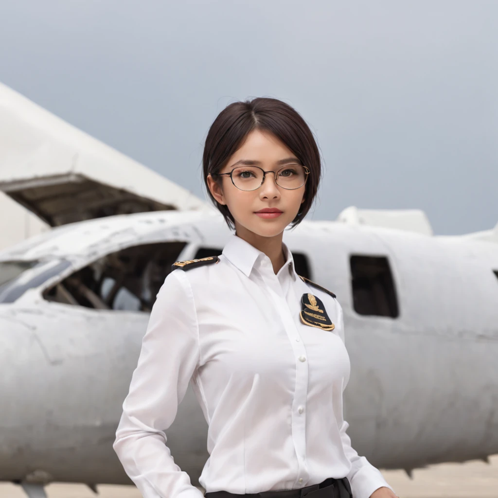 1girl, short black bob hair, yellow eyes, Round glasses, tan skin,dark skin ,BROWN SKIN, SHE HAS LIGHT BROWN SKIN, ite body, wearing plain white formal work shirt, wearing long black pants, business tie, absurdres, high res, ultrasharp, 8k, masterpiece, looking at viewer, cat ears, airline pilot uniform, airline pilot hat, white background, short sleeve, bangs, flat chest, whiskers, androgynous, she has cat ears on her head, she has cat teeth, cloudy background, holding pet black cat, smiling, large round glasses, no airplanes, airplane cabin background, wearing a choker on neck, leash around the neck, smile, necklace