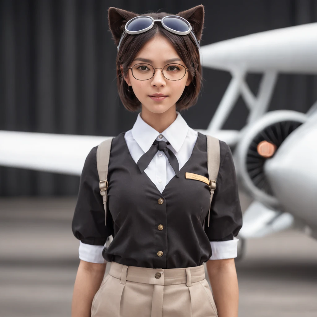 1girl, short black bob hair, yellow eyes, Round glasses, tan skin,dark skin ,BROWN SKIN, SHE HAS LIGHT BROWN SKIN, petite body, wearing plain white formal work shirt, wearing long black pants, business tie, absurdres, high res, ultrasharp, 8k, masterpiece, looking at viewer, cat ears, airline pilot uniform, airline pilot hat, white background, short sleeve, bangs, flat chest, whiskers, androgynous, she has cat ears on her head, she has cat teeth, cloudy background, holding pet black cat, smiling, large round glasses, no airplanes, airplane cabin background, wearing a choker on neck, leash around the neck, smile, necklace