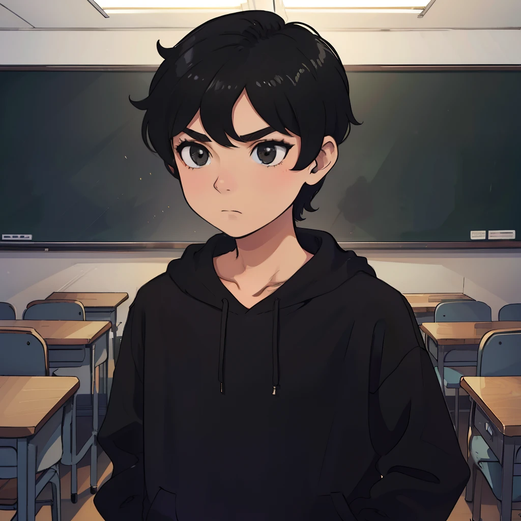 best qualityer，One was wearing a black sweatshirt，Boy with short black hair，Stand in the classroom，disdain