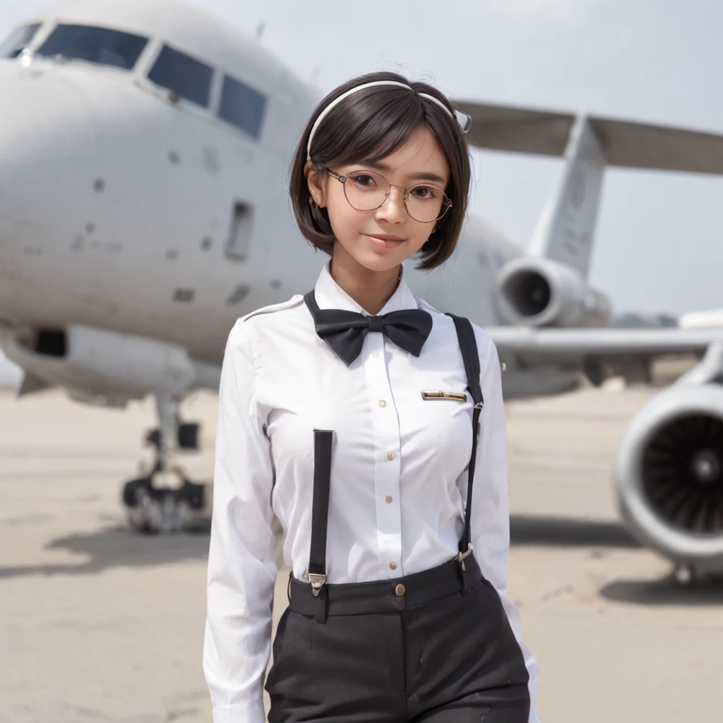 1girl, short black bob hair, yellow eyes, Round glasses, tan skin,dark skin ,BROWN SKIN, SHE HAS LIGHT BROWN SKIN, ite body, wearing plain white formal work shirt, wearing long black pants, business tie, absurdres, high res, ultrasharp, 8k, masterpiece, looking at viewer, cat ears, airline pilot uniform, airline pilot hat, white background, short sleeve, bangs, flat chest, whiskers, androgynous, she has cat ears on her head, she has cat teeth, cloudy background, holding pet black cat, smiling, large round glasses, no airplanes, airplane cabin background, wearing a choker on neck, leash around the neck, smile, necklace