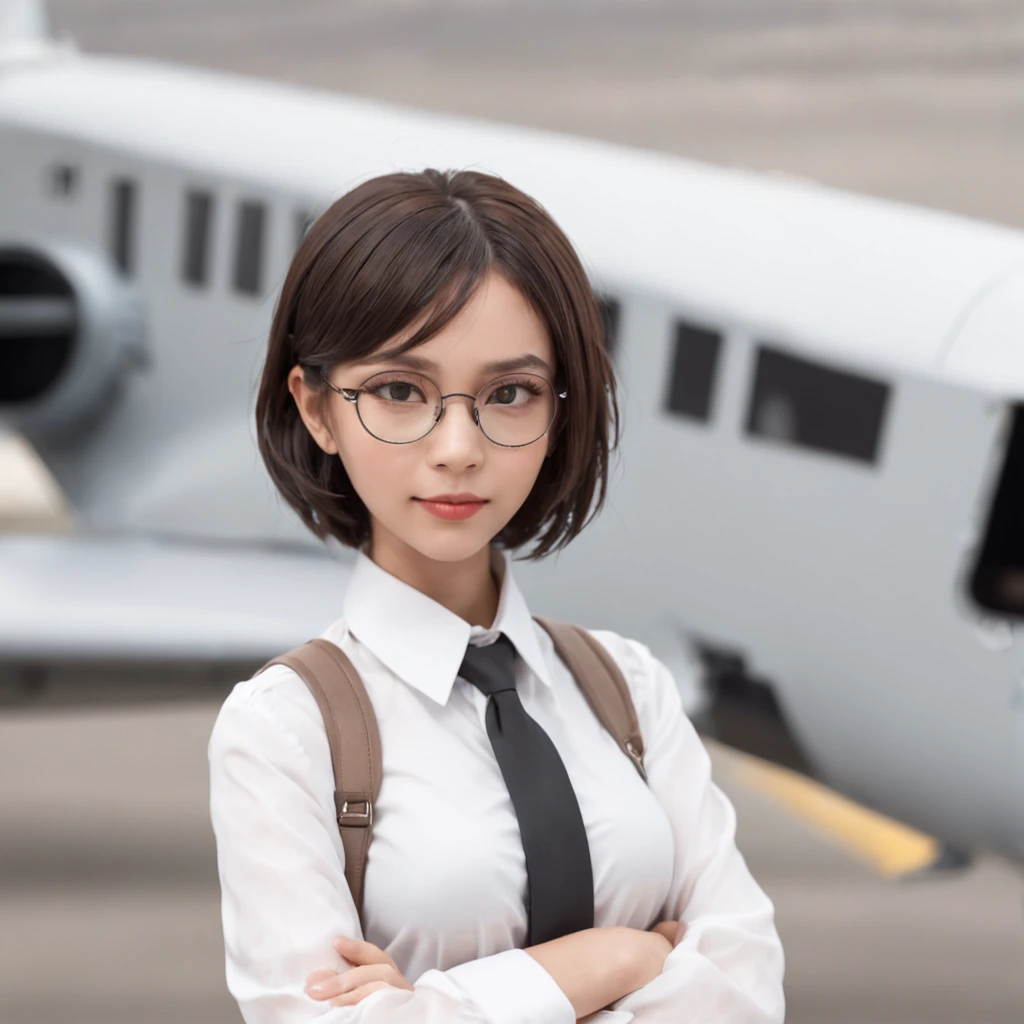 1girl, short black bob hair, yellow eyes, Round glasses, tan skin,dark skin ,BROWN SKIN, SHE HAS LIGHT BROWN SKIN, petite body, wearing plain white formal work shirt, wearing long black pants, business tie, absurdres, high res, ultrasharp, 8k, masterpiece, looking at viewer, cat ears, airline pilot uniform, airline pilot hat, white background, short sleeve, bangs, flat chest, whiskers, androgynous, she has cat ears on her head, she has cat teeth, cloudy background, holding pet black cat, smiling, large round glasses, no airplanes, airplane cabin background, wearing a choker on neck, leash around the neck, smile, necklace