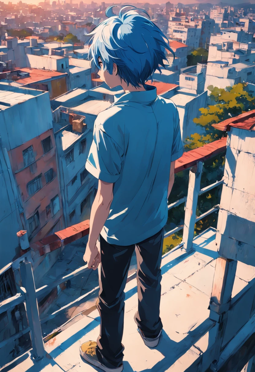 From behind we see a 15-year-old boy, Long blue hair from splendid to the camera standing Shirtless 15-year-old boy looks at a city fence from the top of the school roof Sadly pensive, su cabello es de color azul, lo vemos desde la espalda