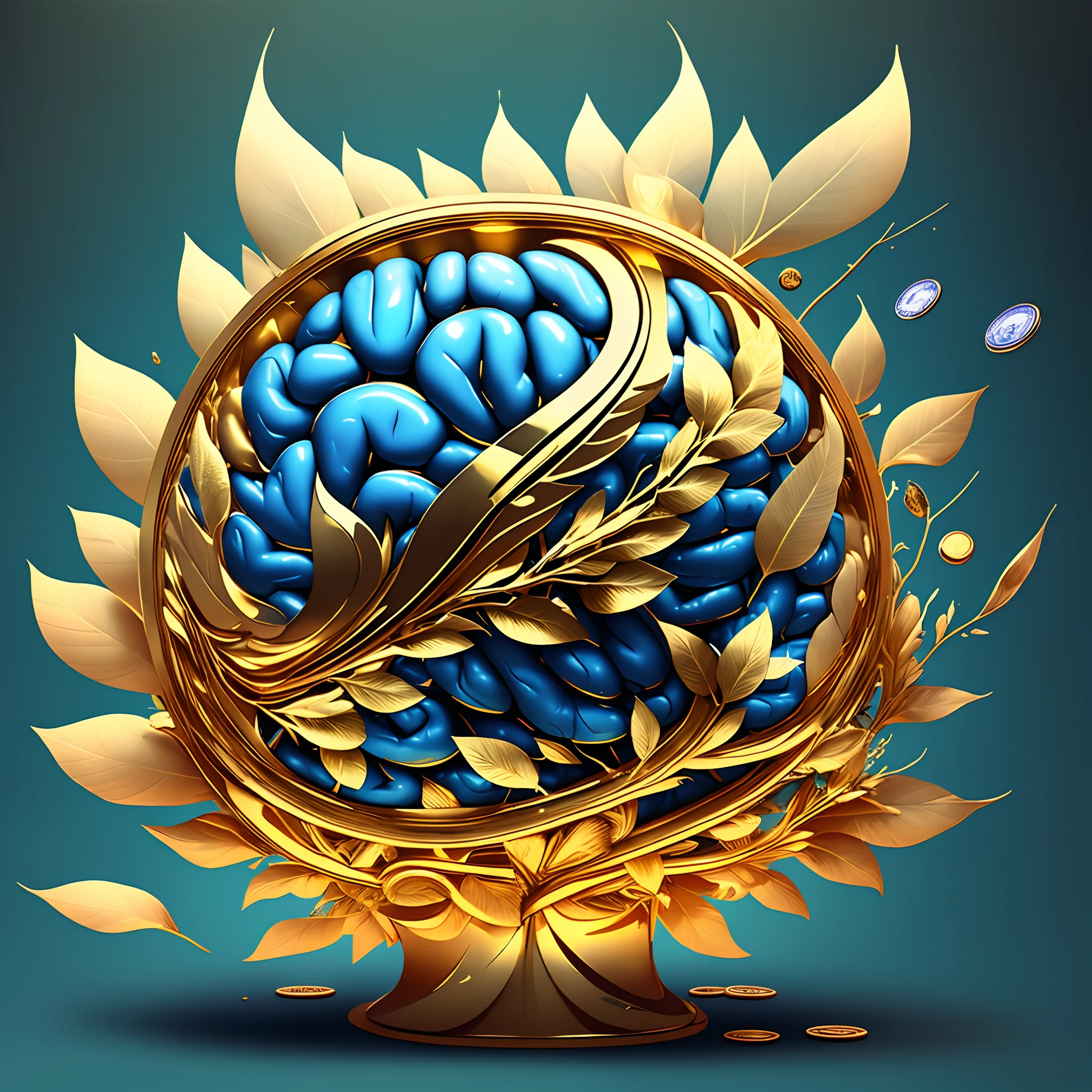 Design a logo for a channel called 'Internalizing'. The logo should feature a stylized human brain with smooth and clean lines. Inside the brain, incorporate symbols of a dollar sign ($) for 'money', a attraction icon for 'law of attraction', and a small tree of prosperity. Use sober colors like deep blue and golden tones to convey confidence and wealth.