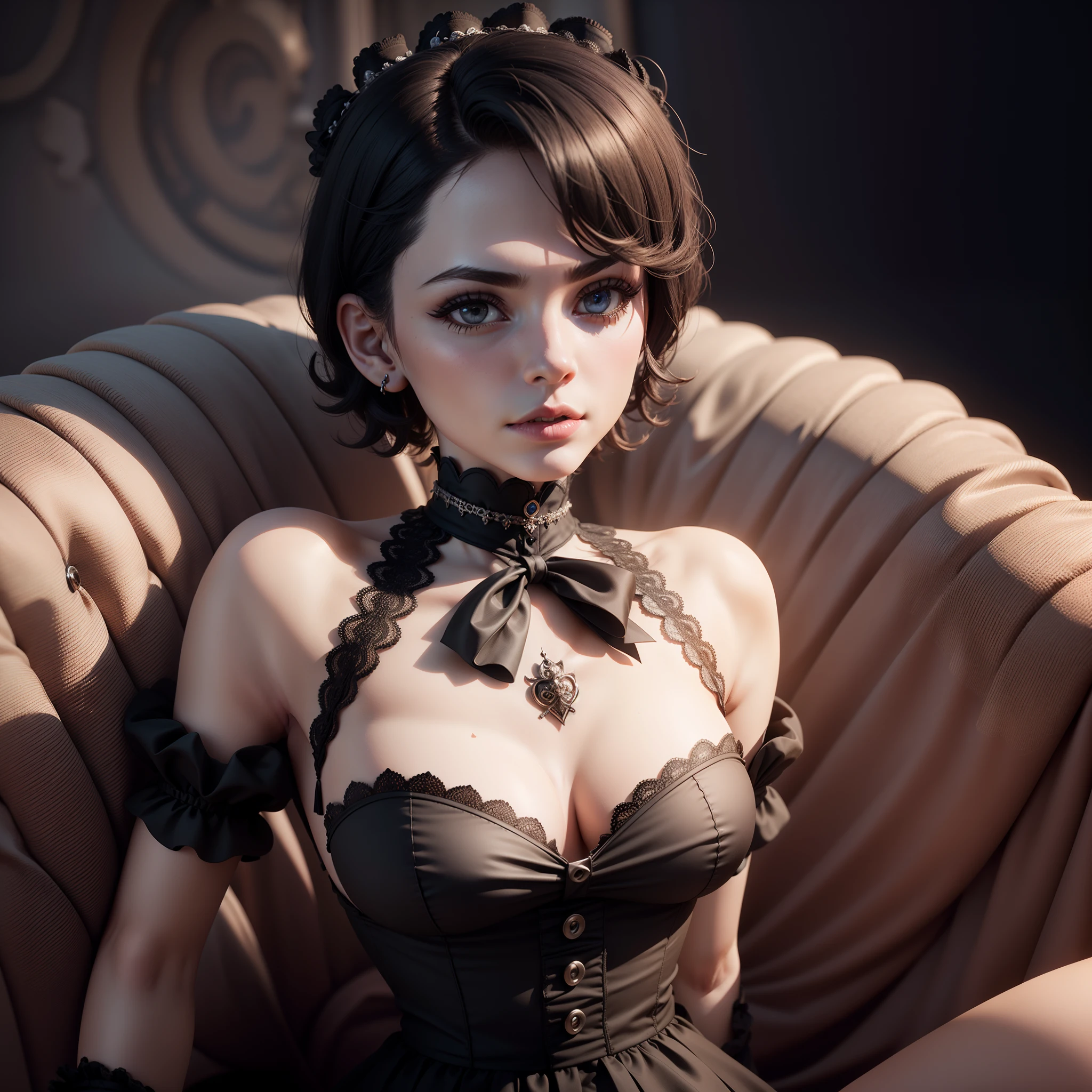 Victorian maid, cuteface, goth makeup, Short Hair Hair, black choker, Slender figure, ((nsfw)), ((hiquality, higly detailed, 3D render))