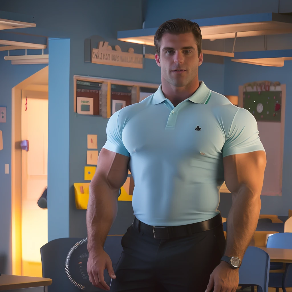 Long dark hair , dad , green polo shirt , teacher , classroom , hyper muscular , big pecs , whistle, coach