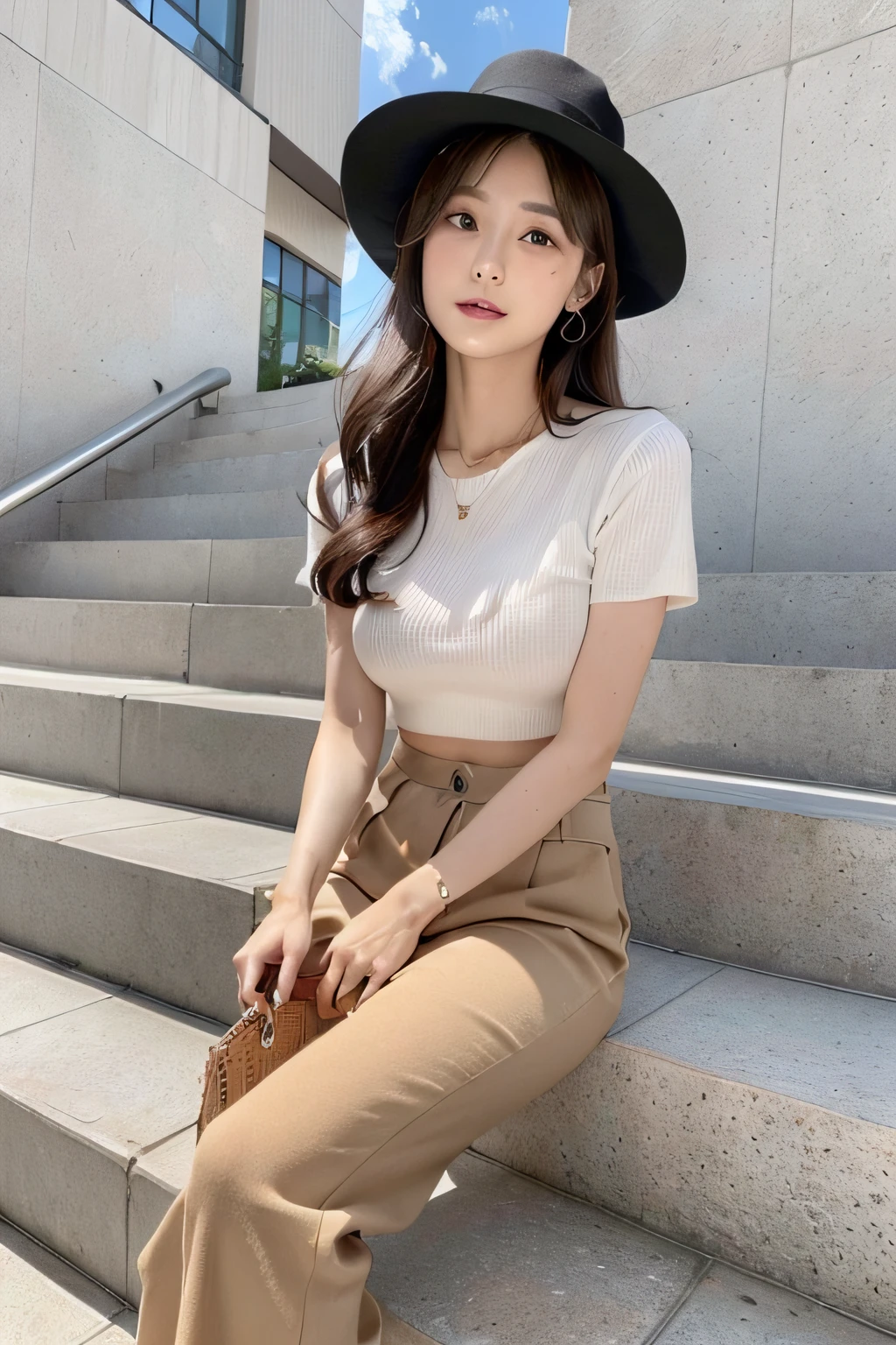 Woman sitting on stairs with hat on head, Beige, Pants, Trendy clothes, femme, thin waist, chiffon, dressed with long fluent clothes, Candid, satin, asa, casual modern clothing, beautiful image, loose, gold, beige and gold tones, Shaded、(top-quality、in 8K、Photorealsitic:1.6、超A high resolution)、surrealistic、1***********、24 year old、Height 1.7m、delicated face、Beautiful Japan model、(smaller face:1.4)、Brown eyes、thick lip、An ultra - realstic face、Slender style、(Yuki's Face)、Gorgeous long-haired、Beautiful wavy brown hair、((Smaller chest;1.4))、(narrow waists:1.2)、Thin leg、long legged、toned hips、Fashionable、(((A white cropped T-shirt with a very short hem)))、((Underboob))、(((Black high-waisted long_wide_pants:1.4、Side slits to the groin)))、High Heel Ribbon Sandals、full bodyesbian、Emphasis on the buttocks、Elbows on the table、View here、Sit up、knees up、near the ocean、Bright terrace、Natural light、View from the right back、Red underwear