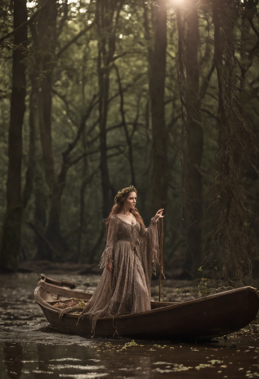 gloomy swamps in a dense forest, withered trees, a sunken boat with a zombie in it, epic, dramatic, dark art, high resolution, magic, maximum sharpness, high contrast, smoothed edges, maximum quality, maximum size --uplight --s 50