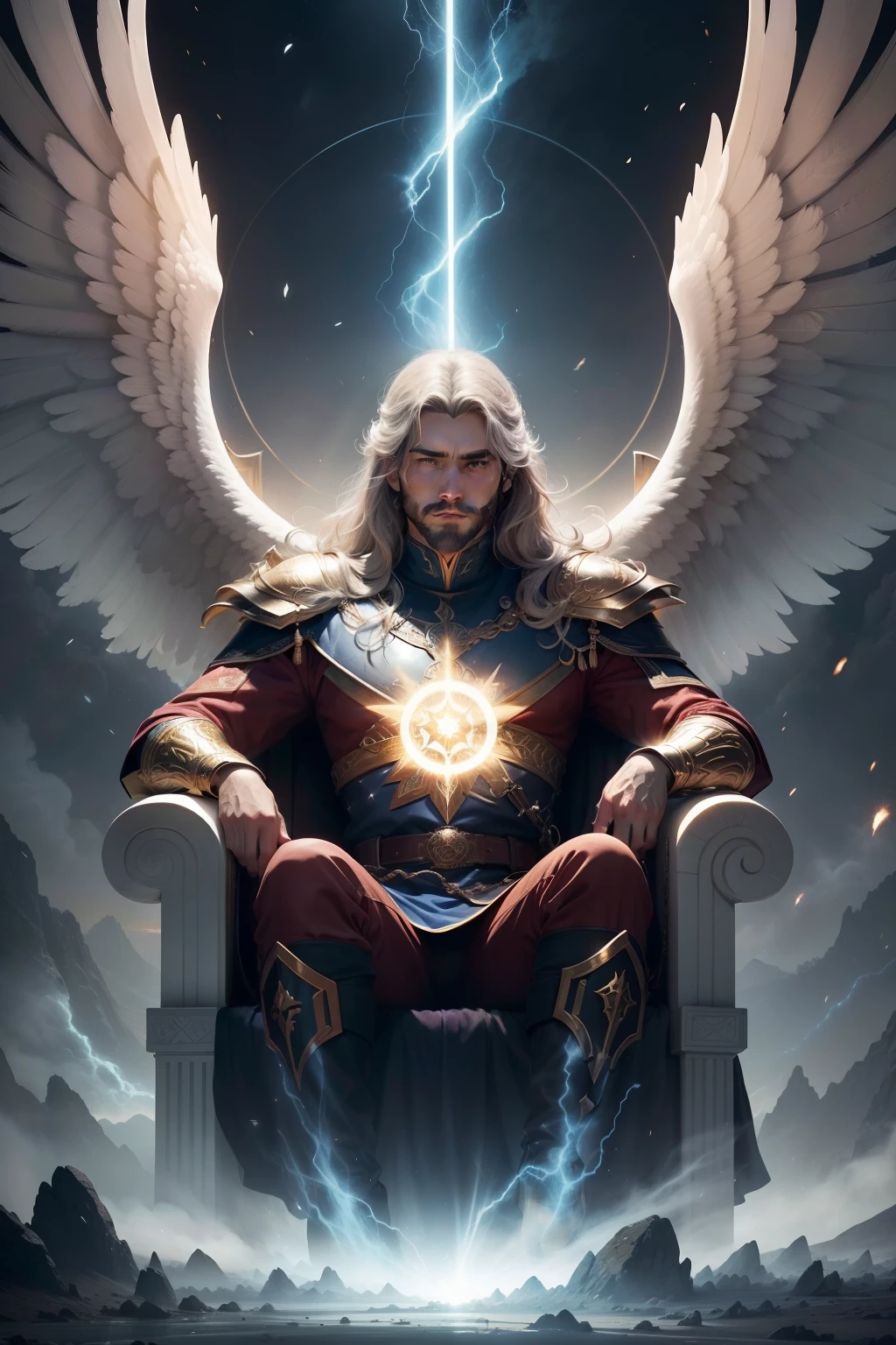 Crie uma imagem que retrata o Arcanjo Miguel, leader of the army of angels, sentado em um trono cercado por chamas de fogo. Ele usa uma armadura de guerra brilhante e poderosa combrindo todo os seu corpo. The background of the image is filled with intense rays and other impressive effects, Utopian. Seus olhos parecem fixados diretamente em quem olha para a imagem, emanating a sense of divine power and protection. Certifique-se de capturar a majestade e a grandeza do arcanjo e transmitir sua aura angelical, por ao fundo anjos celestiais