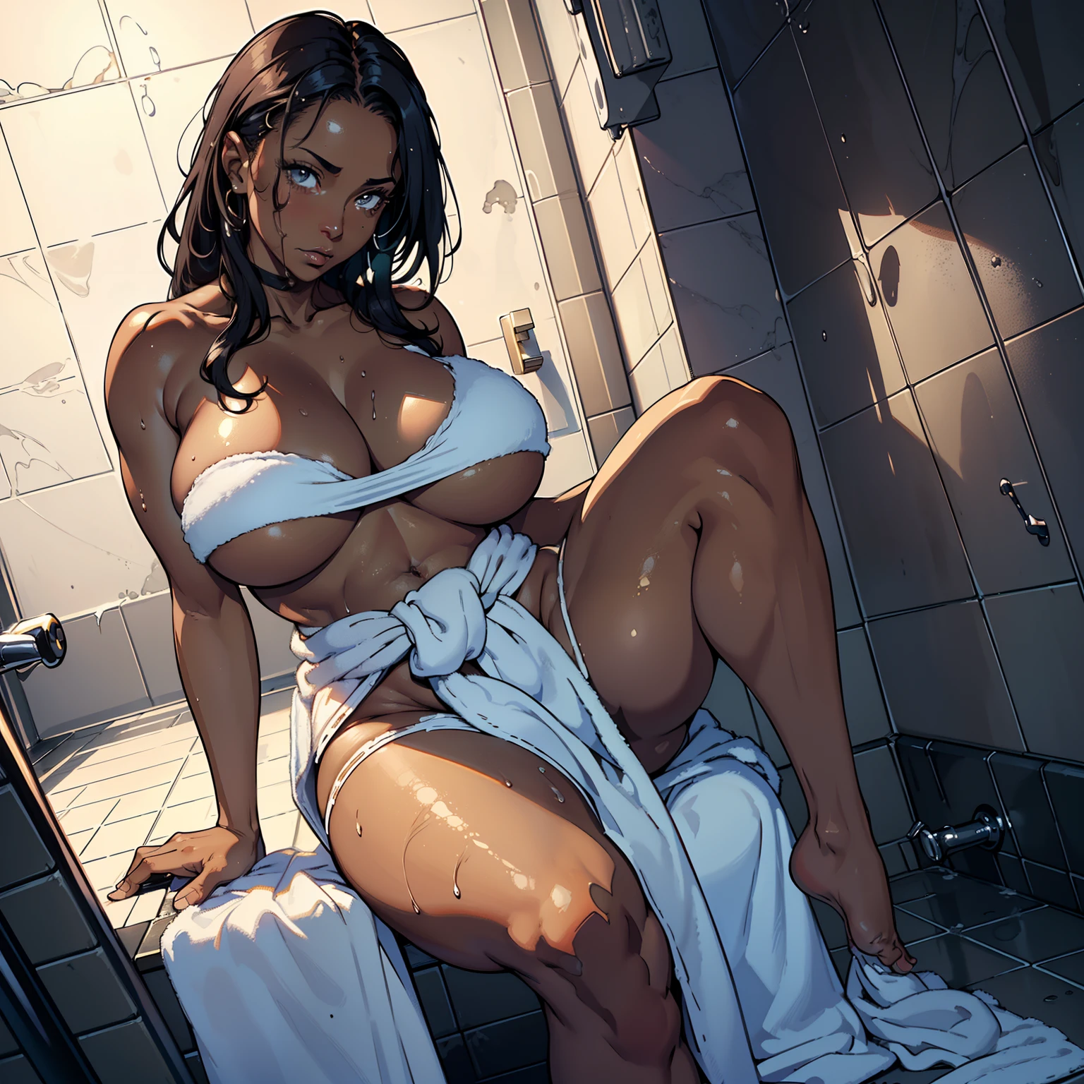 (high resolution, The pixels are perfect, luxurious illustration), (hyper qualit, Masterpiece, Ethereal: 1.4),(Solo:1.4),Let her be naked，A woman，Realistis， ((No bra))，nacked hip，wetted skin， the wallpaper，full bodyesbian，Carmelto,In the shower，sitted，On the ground， spilled milk,There is milk at the corner of the mouth，(((There is only a soaked towel around the waist)))，Carmelto，a mature female，Black areola，Female leakage，Armpit hairy，Sexual suggestiveness，(((A MILF: 1.4))), (Curvy:1.35),((((Dark skin))))，long whitr hair，Curvy physique, Fitness model, Thick body,(((Footjob)))，from below