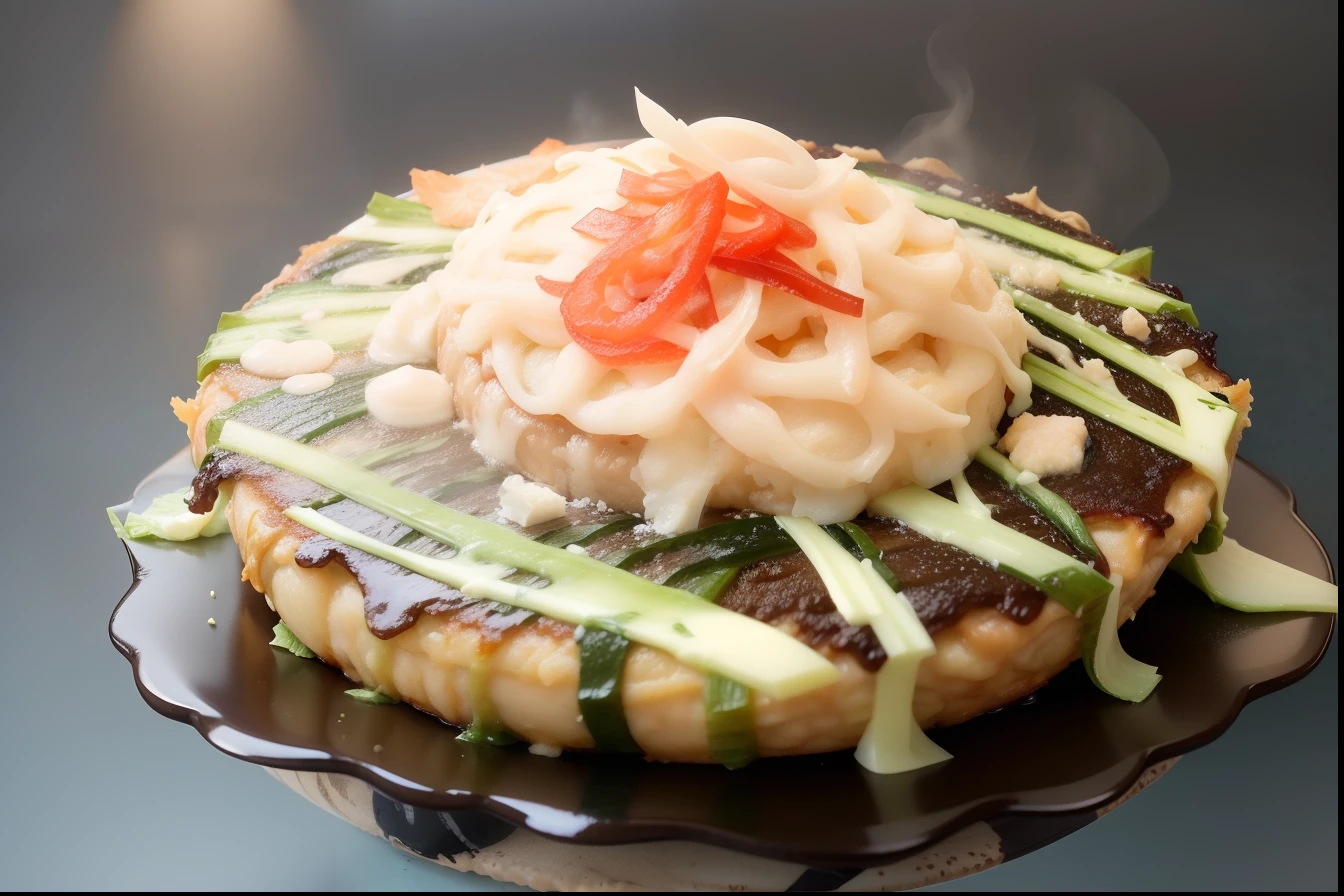 「Generate realistic looking and appetizing okonomiyaki images。In the center, thick dough is spread abundantly.、Ingredients such as cabbage and green onions are thoroughly mixed.。On top of the dough、The sauce for coloring the okonomiyaki is dripping、Next to it is a little squeezed mayonnaise。There are bright tables and plates around.、Create an appetizing atmosphere。」,raw photo,real,