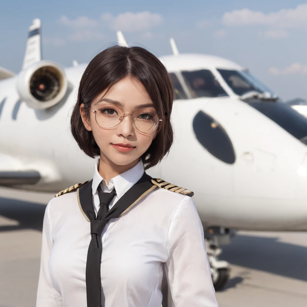 1girl, short black bob hair, yellow eyes, Round glasses, tan skin,dark skin ,BROWN SKIN, SHE HAS LIGHT BROWN SKIN, petite body, wearing plain white formal work shirt, wearing long black pants, business tie, absurdres, high res, ultrasharp, 8k, masterpiece, looking at viewer, cat ears, airline pilot uniform, airline pilot hat, white background, short sleeve, bangs, flat chest, whiskers, androgynous, she has cat ears on her head, she has cat teeth, cloudy background, holding pet black cat, smiling, large round glasses, no airplanes, airplane cabin background, wearing a choker on neck, leash around the neck, smile, necklace