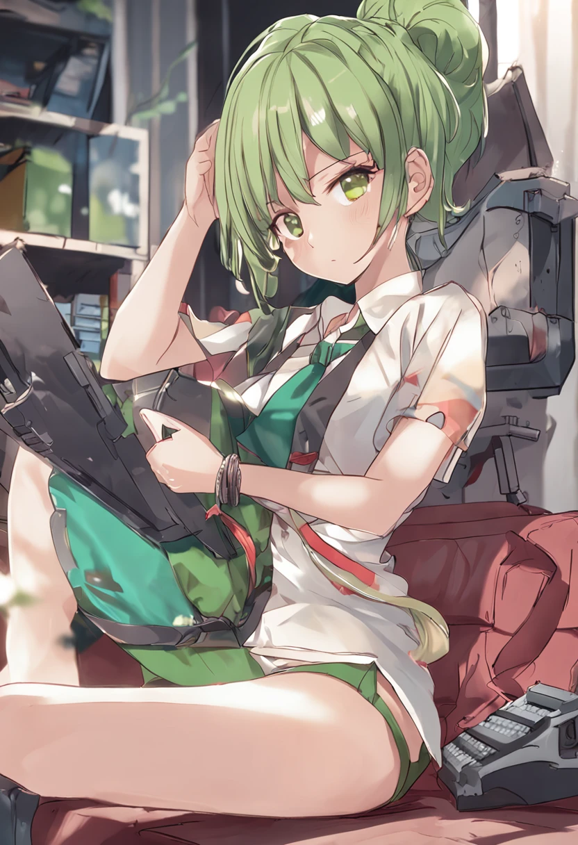 Professional artwork, Intricate details，Field of View, Sharp focus, Detailed painting,超A high resolution, Photography, 8K, A high resolution, Medium breasts,hair intakes，Sitting in the bedroom playing game console, 16 yaers old,Junior high school girl,Beautiful Finger,Beautiful long legs,Medium build,Beautiful nose,Beautiful character design, Perfect eyes, Perfect face, view the viewer, offcial art,extremaly detailed cg , (Beautiful,Large_Breasts:1.0), (Beautiful_face:1.5), Very wide open mouth,tense look，(Narrow_waistup), (Solo:1.4),，Anime goddess, green flowing hair,, Anime girl with blue-green gradient hair,SideBraid， Yellow pupils,Green eyebrows，Big cat ears，Divide hair in the middle，Red-collared bells,Oversized T-shirt，Black super shorts。Perfect anime illustration，Sitting in the bedroom playing game console