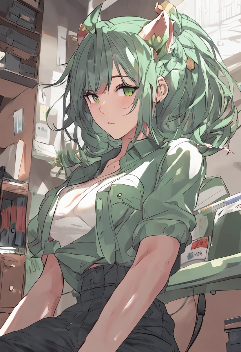 1girl, kal'tsit \(arknights\), arknights \\\\\ masterpiece, best quality, very aesthetic, absurdres, newest \\\\\\ slim body,///// ,by nyantcha,cutesexyrobutts , by khyle,,////// beautiful face, sexy, green eyes, animal ears, big tits,  in the center of the frame,full body ,  solo,office lady uniform, office, sit on table,skirt