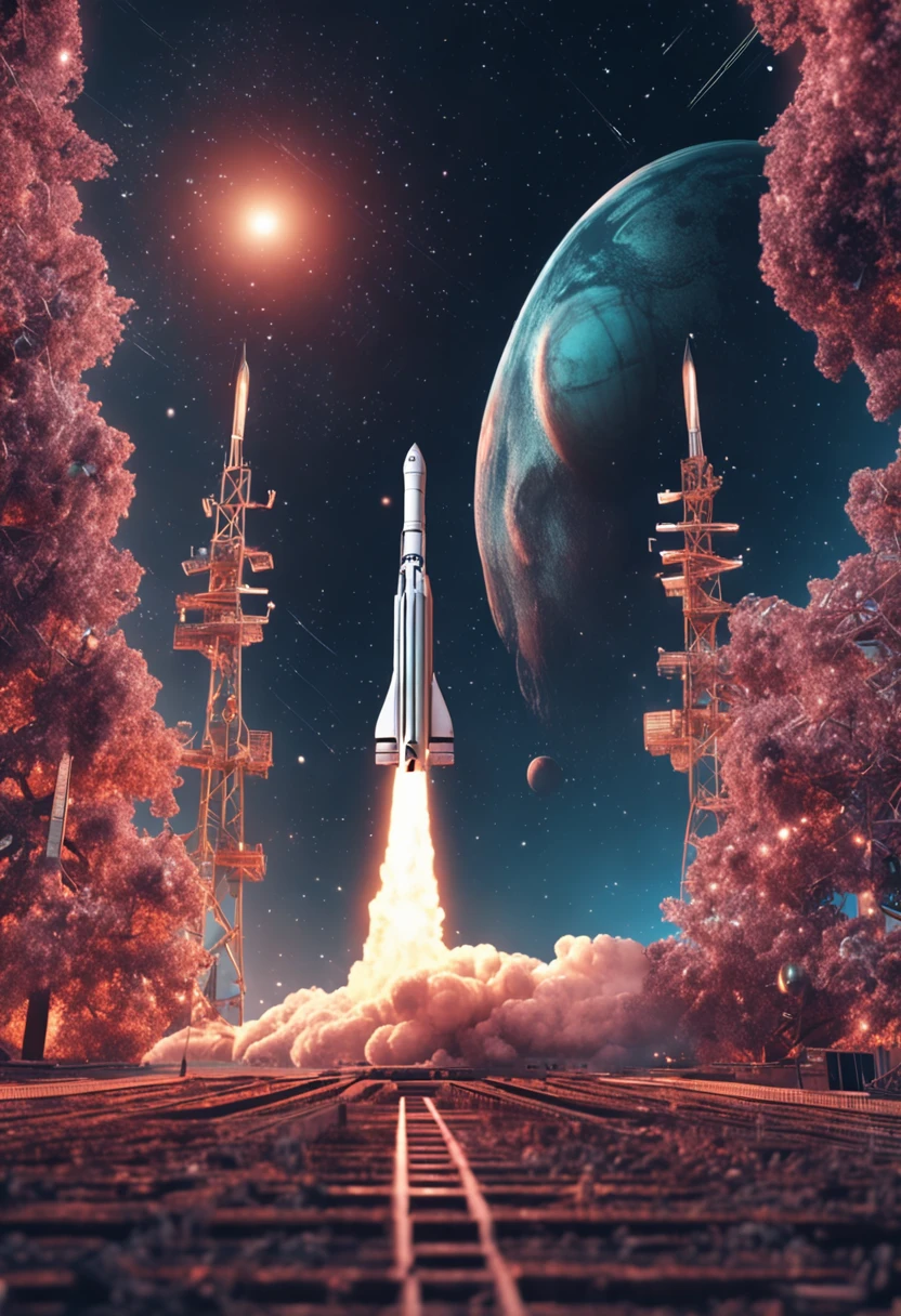 Take a thrilling photo of a space rocket taking off with a holographic image of a cryptocurrency projected onto its surface. A imagem da criptomoeda deve apresentar detalhes brilhantes e vibrantes, standing out against the dark starry sky. The scene should convey the idea that cryptocurrencies are taking off into space, reaching new heights and astronomical possibilities. Be sure to capture the excitement and energy of the launch, Emphasizing the unique combination between space technology and cryptocurrencies