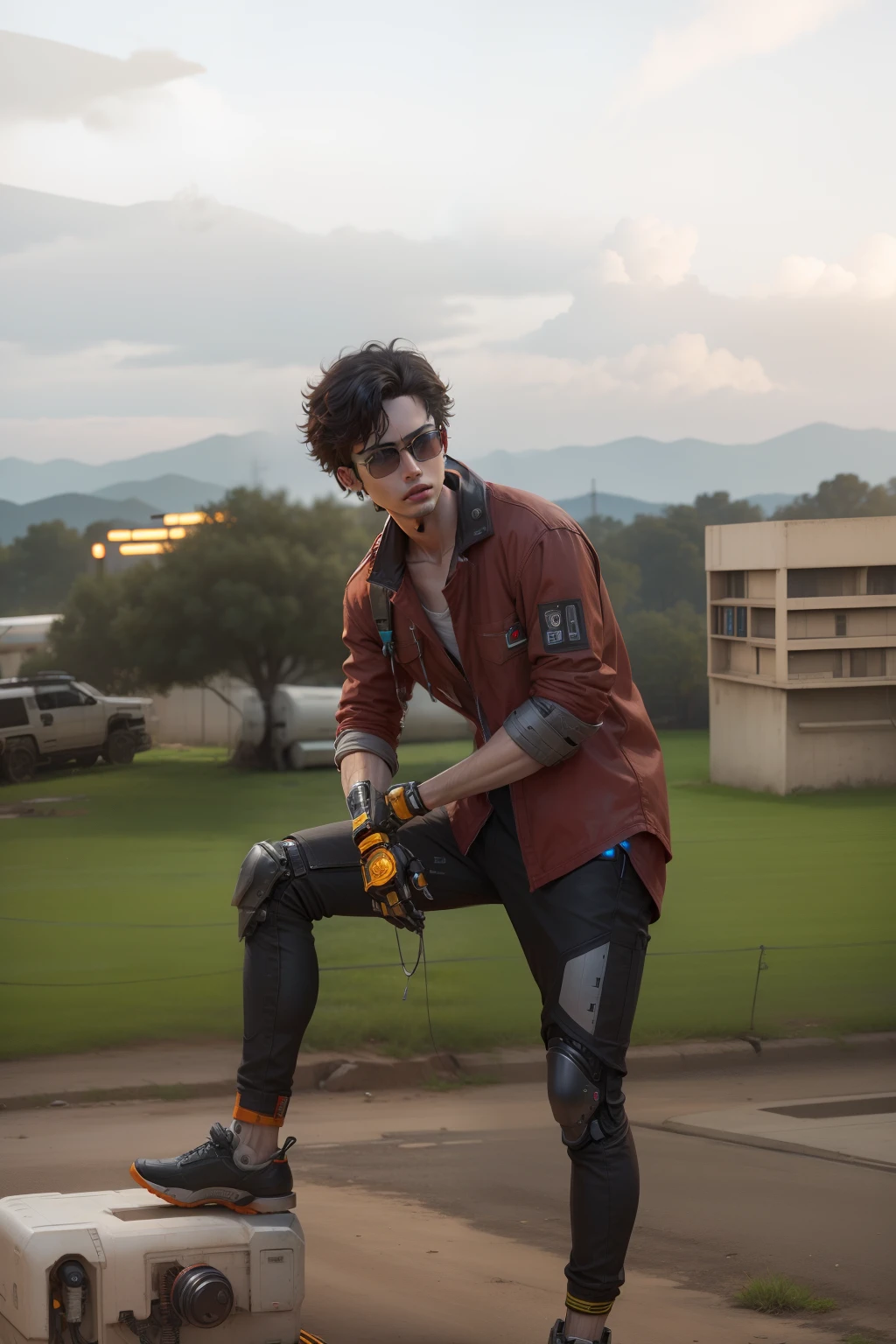 Give warrior look on this cool boy and realistic face and give weapon in hands and make its futuristic world