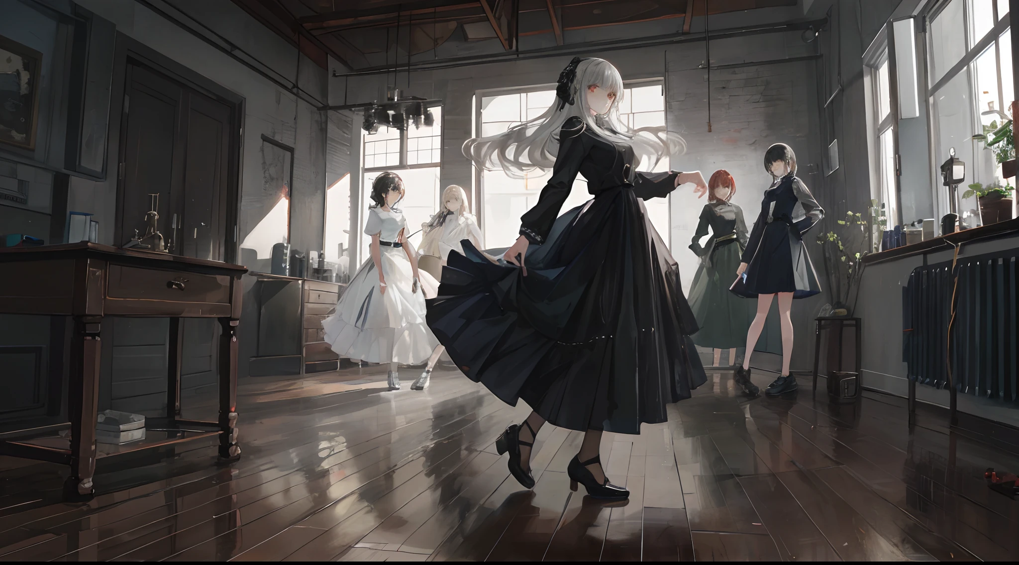 Fifth personality painting style,A group photo of five people,Pure wood grain flooring,Clean gray walls,Artistic murals,Doll eyes,shift dresses,Broken wheel,huge weapon,glass cutter,graceful movements,Dance