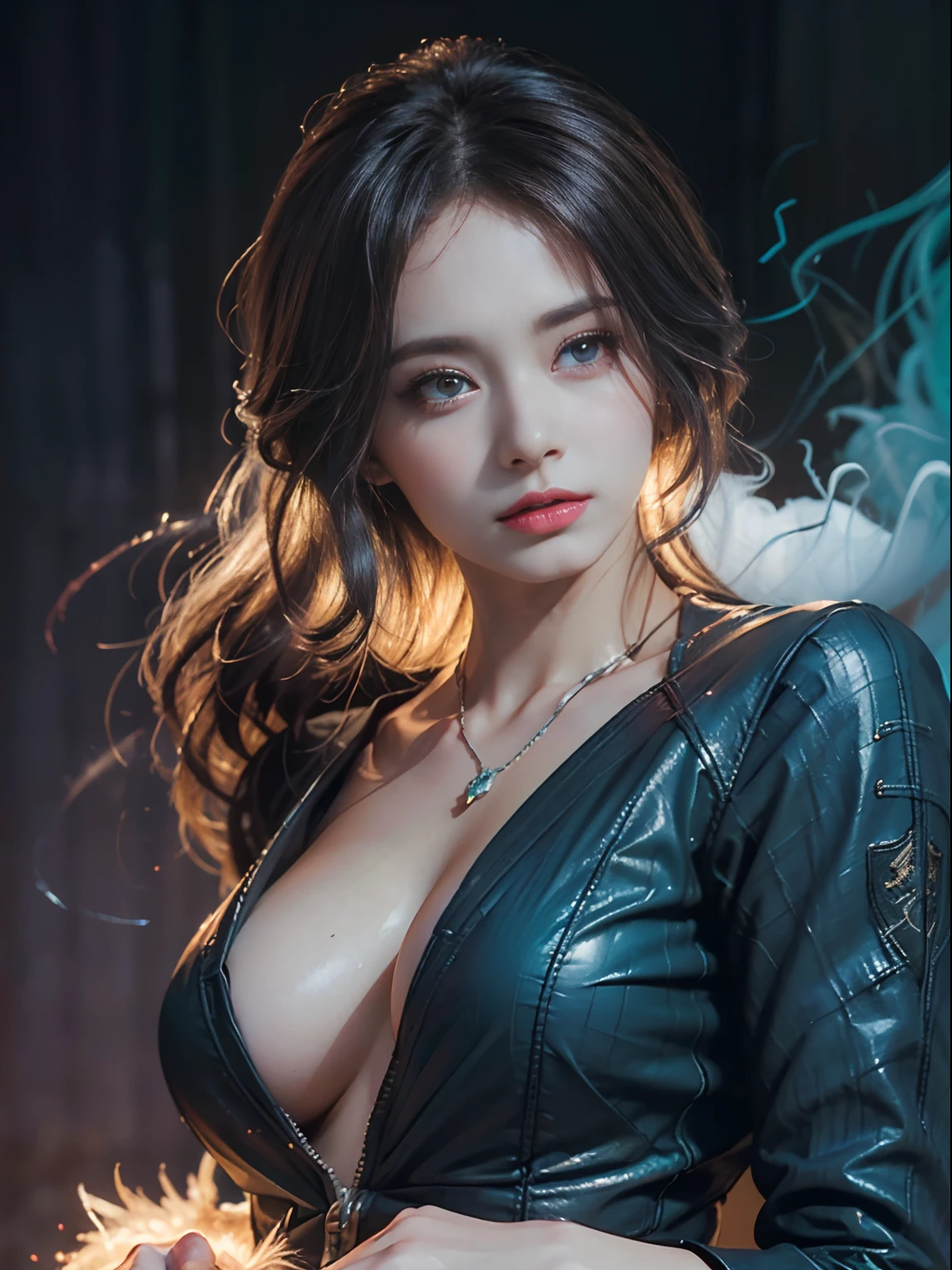 Unbeatable masterpiece, Ultra photo realsisim, Perfect Artwork, Intricate details, Best Quality, strong lights,High contrast, (Bare shoulders:0.85),((Glowing ambiance, captivating glow, Luminous lighting, Ethereal Atmosphere, captivating glow, evocative hues, captivating coloration, Dramatic Lighting, captivating aura)),1girll,masutepiece,Best Quality,1girll,(In a cloud of smoke:1.1),(Dynamic smoke is everywhere:1.4),(full body Esbian:1.2),(1 Chinese pattern in the middle of the girl's forehead),concept-art,Thunder and lightning,Vertical distribution,Gradient 45° distribution，Cyan color scheme,vector graphics,hyperphotorealism,rendering by octane,Aurora, [City lights]，Tyndall lamp,