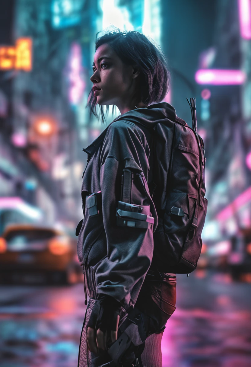 melhor qualidade, obra-prima, foto, 4K, fotorrealista, altamente detalhado, 1girl andando em um mapa, techwear, cidade cyberpunk, solo, futurista, enorme lua ao fundo, preto e branco, por Akira Toriyama, close-up,