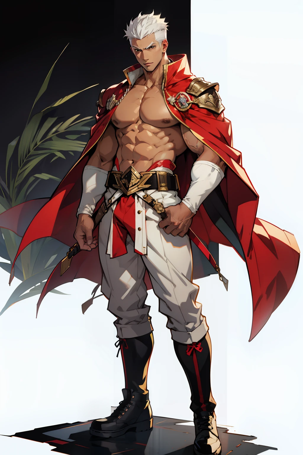 Highest image quality,male people,child,1 boy,Young and handsome,shoun,White color hair,Short flat top hair,Dark skin,anime big breast,anime wallpaper,Solo,malefocus,Briefs,Dilation of the pectoral muscles,Red cape,Bulging crotch,Urban background,Sexy,(Masterpiece, Best quality),Long white socks,Red Martin boots,
