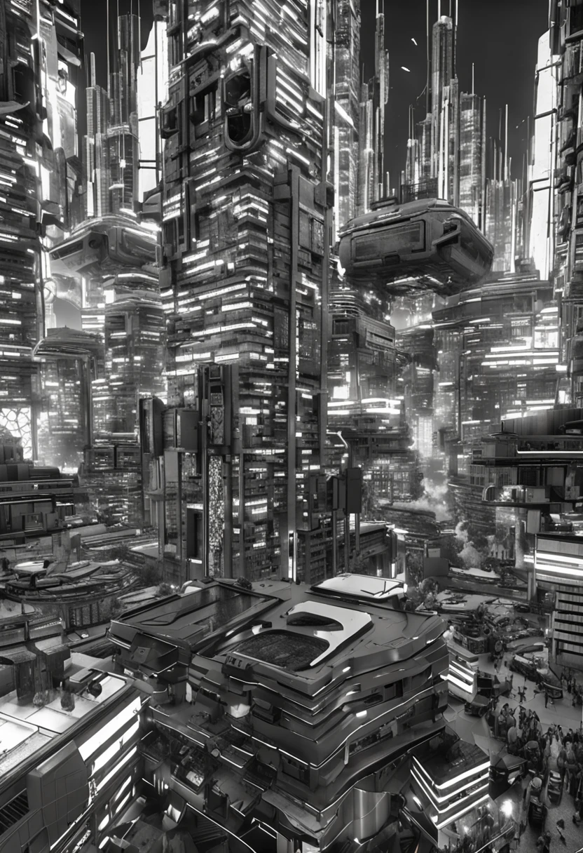 melhor qualidade, obra-prima, foto, 4K, fotorrealista, altamente detalhado, mapa 3d, techwear, cidade cyberpunk, solo, futurista, enorme lua ao fundo, preto e branco, por Akira Toriyama, close-up,