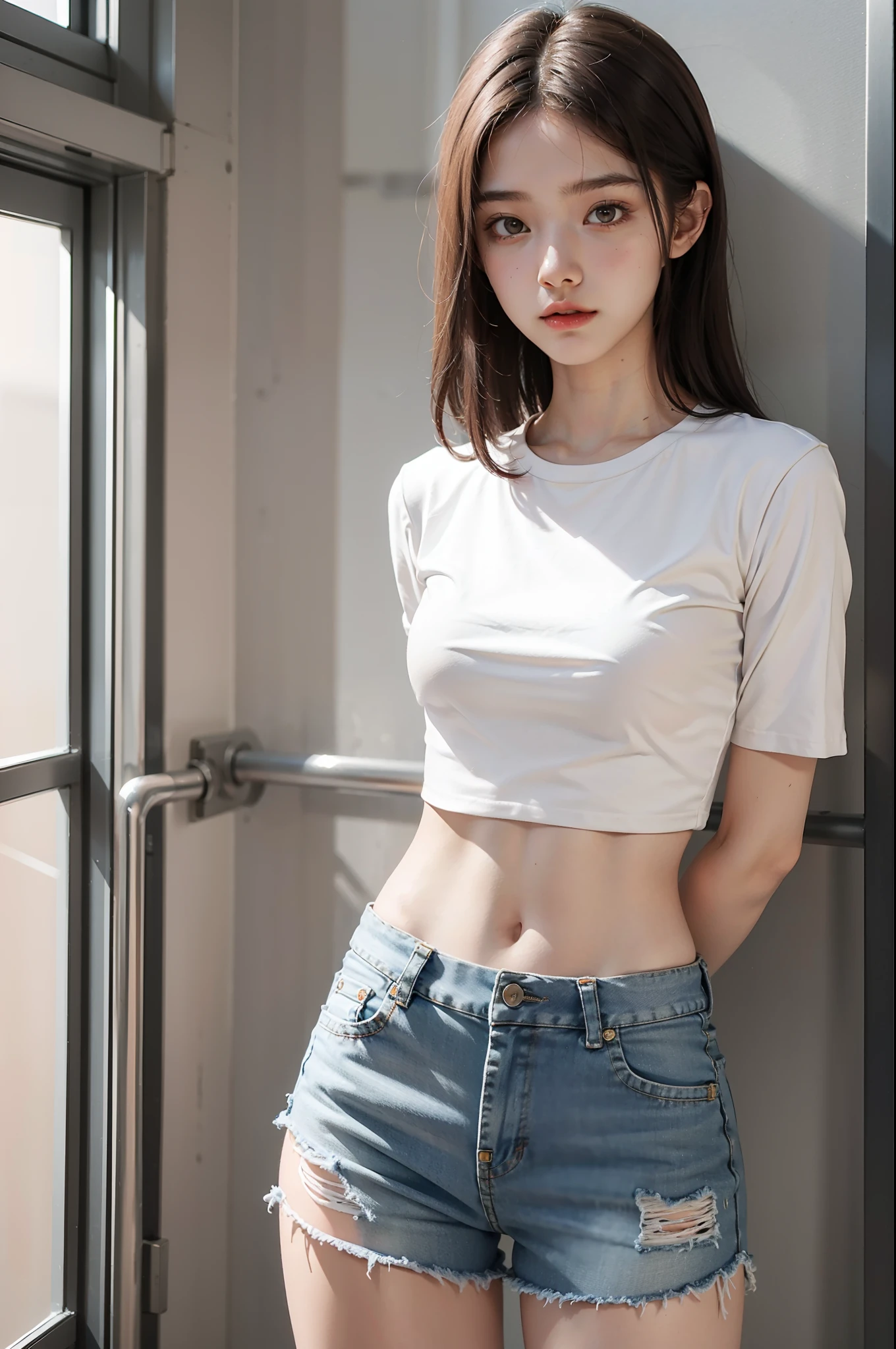 Best quality, full body portrait, delicate face, 18 year old girl, slim figure, small bust, white crop top T-shirt, waist pink denim skirt, gymnasium scene, standing tall