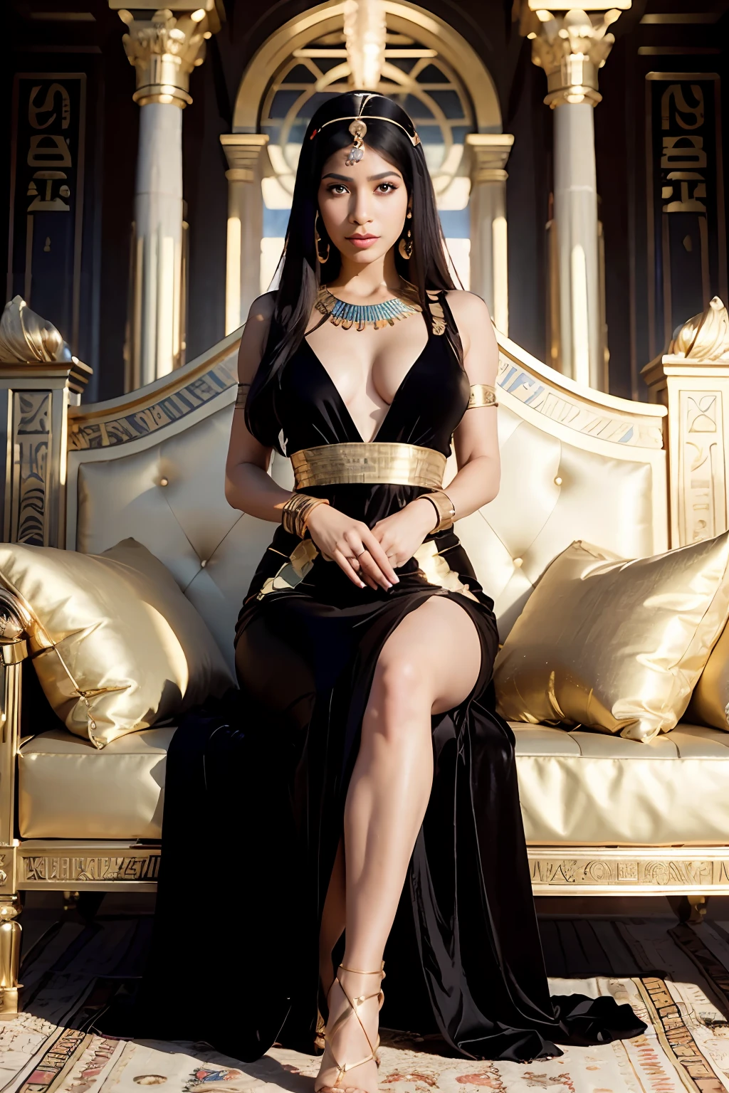 cleopatra, egyptian queen, light brown eyes, glowing eyes, black glossy hair, long hair, resting on a cushion, golden dress, glowing dress, egyptian palace, golden ornaments, look of pride, lower point of view, lens flares, raytracing reflexes, iridiscente reflexes, glossy diamond earrings, navel, golden saron skirt
