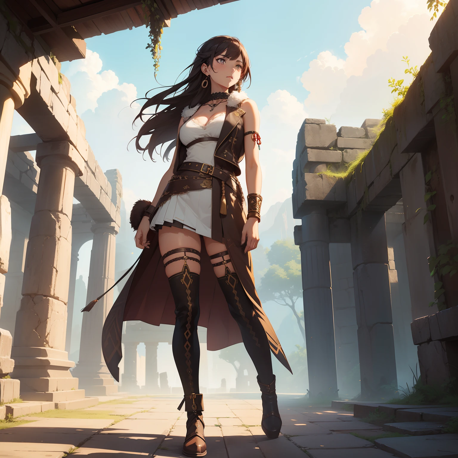 (masterpiece, best quality, 4k, photorealistic), ((wide shot, full body)), ((front view)), expressive eyes, perfect face, nice hands, 1 girl, earthy brown hair, large cleavage, long round legs, curvaceous body, booty, hairstyle: two braids merged into a low ponytail, ((animal hide vest with intricate beadwork)), earth-toned tribal patterned skirt, leather knee-high boots with fur trim, feathered arm cuffs and anklets, leather belt with decorative metal buckle, accessories: tribal-inspired earrings and a natural stone choker, ((a background of ancient ruins or a forgotten temple could evoke a sense of adventure and mystery, highlighting the mercenary's exploratory nature)), extremely detailed Artgem, IG model, alena aenami and artgem, krenz cushart and artgem, artgem and atey ghailan